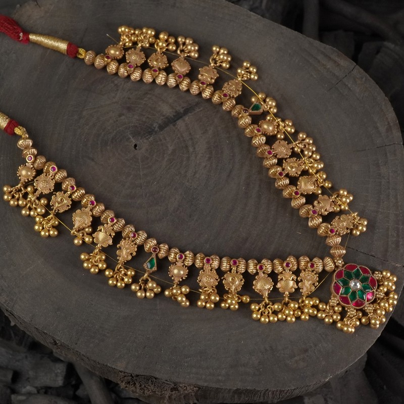 Gold Plated Maharashtrian Silver Kolhapuri Saaj with Jadau Kundan pendant