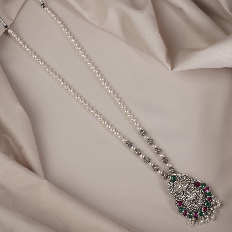 silver pearl mala necklace with laxmi pendant