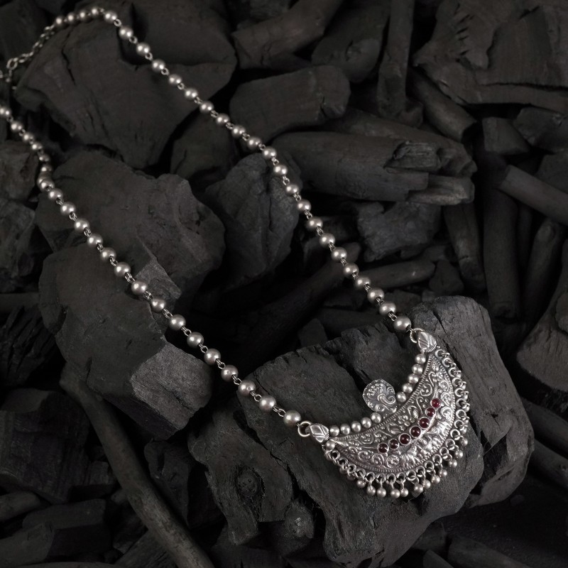 Long Silver Chain Necklace With Chandrakor Pendant