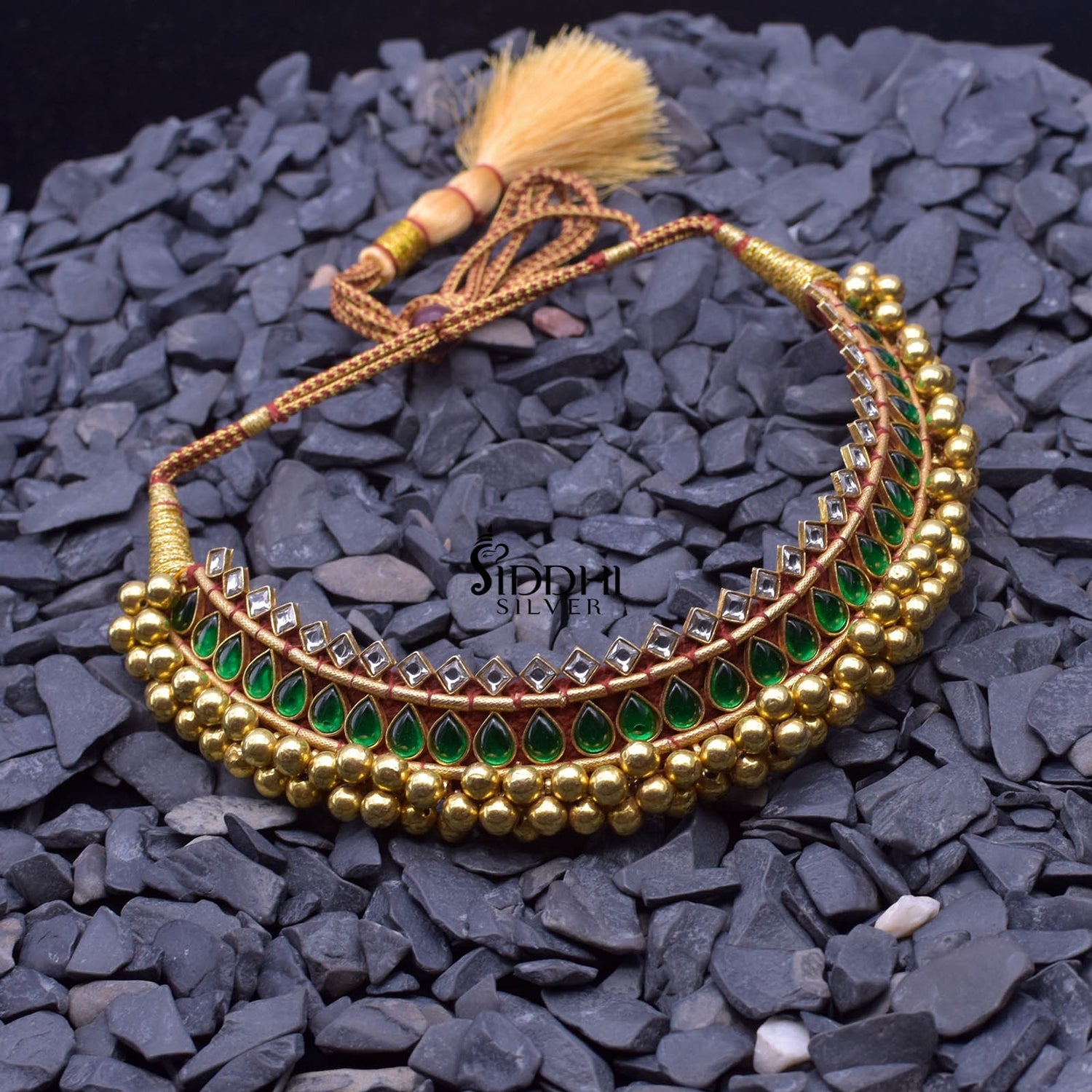 24k Gold Plated Green Kundan Paan Peti Kolhapuri Thushi