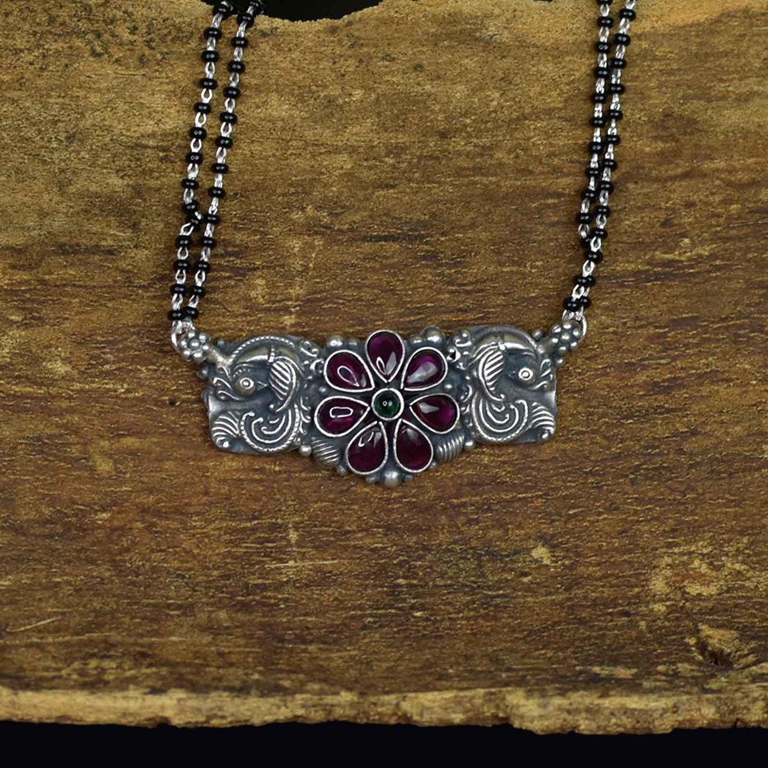 peacock kemp silver pendant with mangalsutra chain.