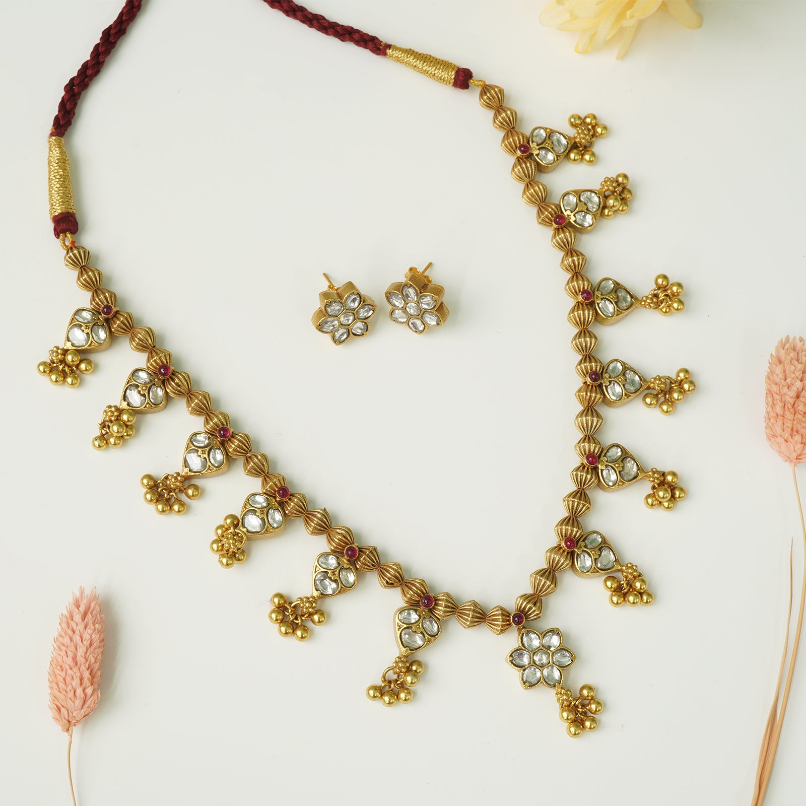 Antique gold plated silver Kolhapuri Saaj with Kundan pieces and Ghungroos