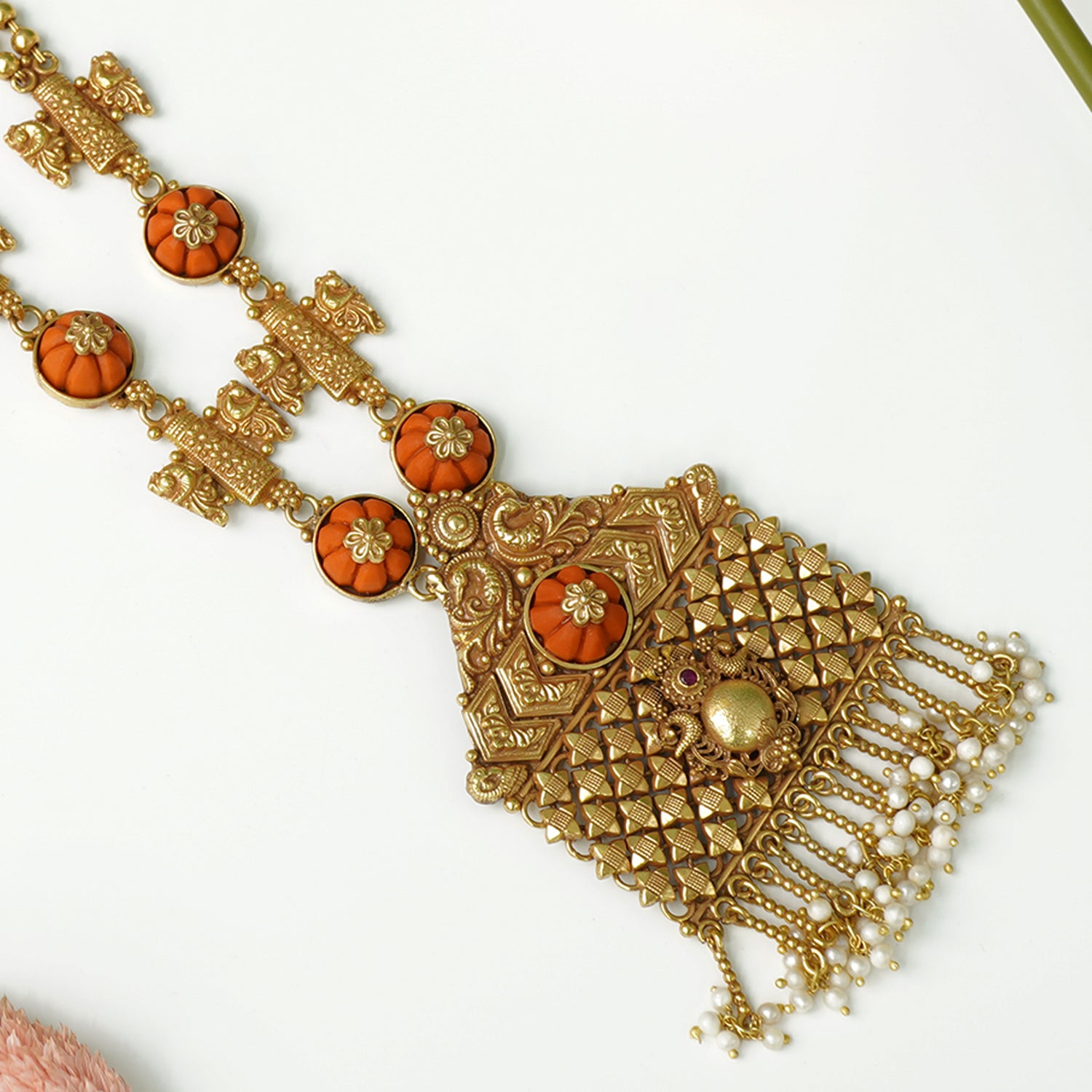 Antique gold plated silver coral necklace with saree