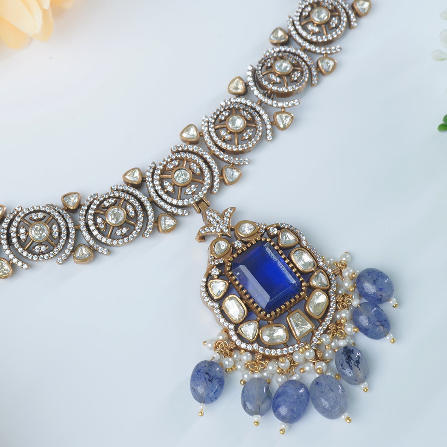 Blue stone moissanite necklace detail