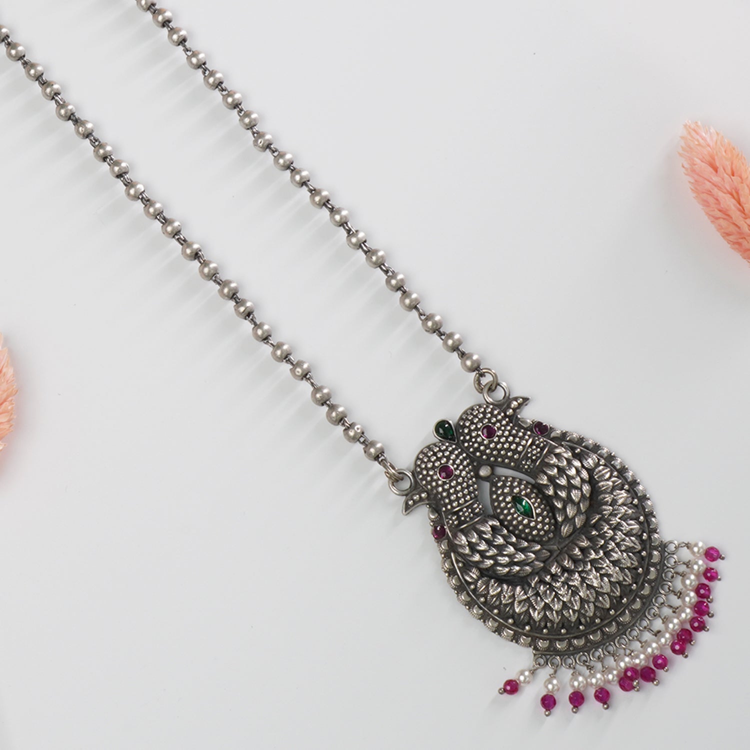 Crystal studded pendant in 925 silver long necklace design