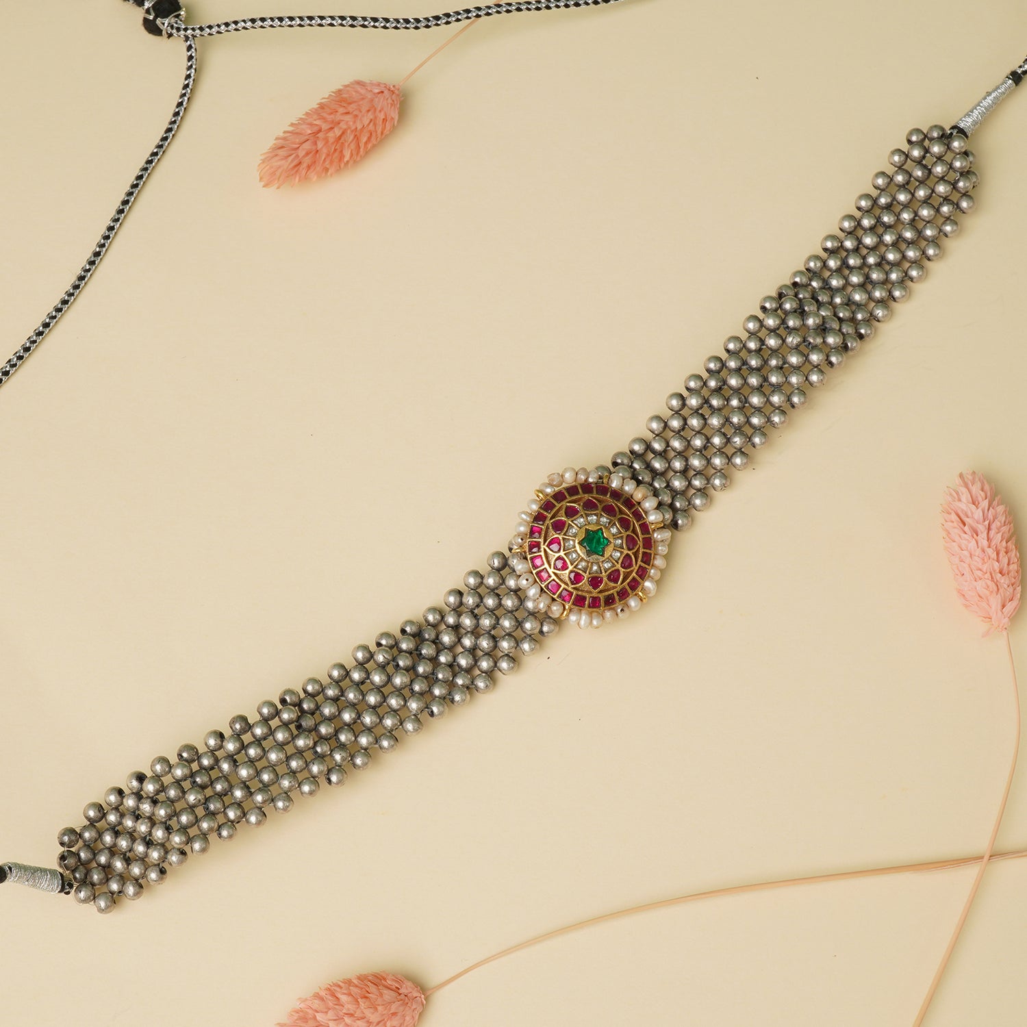 Dual tone pure 925 silver Kolhapuri Thushi with Kundan pendant