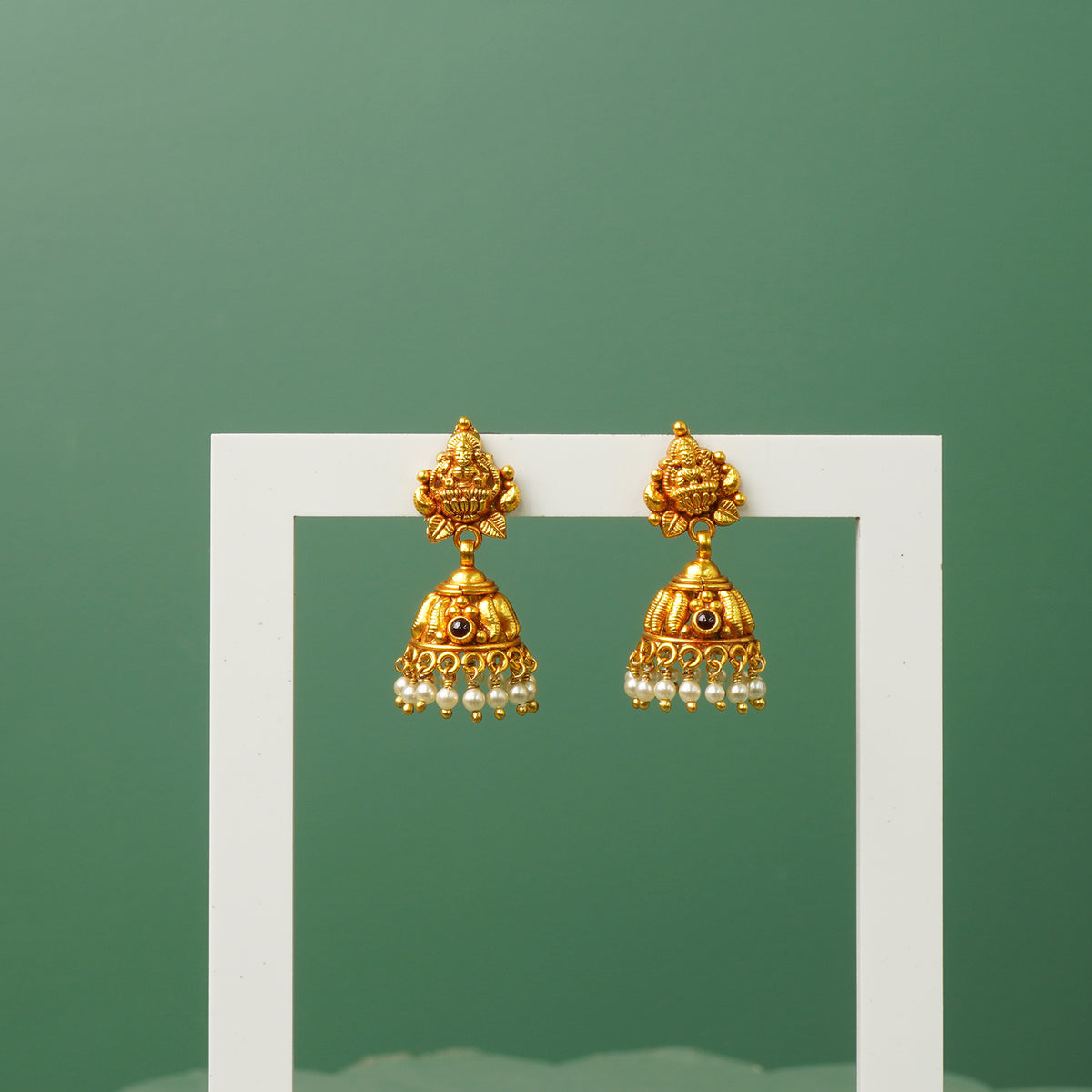 Gold-plated silver temple jhumka earrings with pearl drop (lightweight)