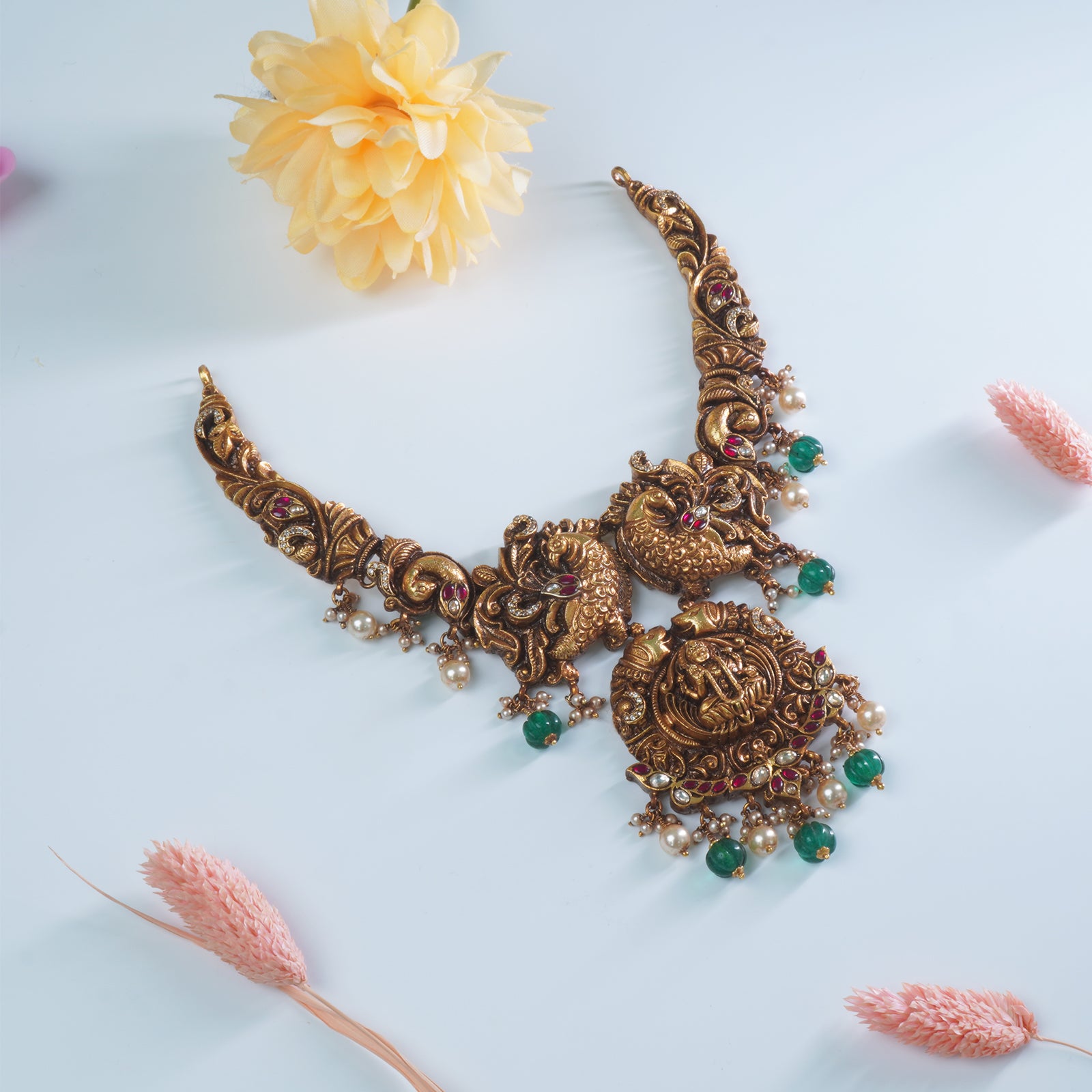 Gold plated South Indian silver temple necklace