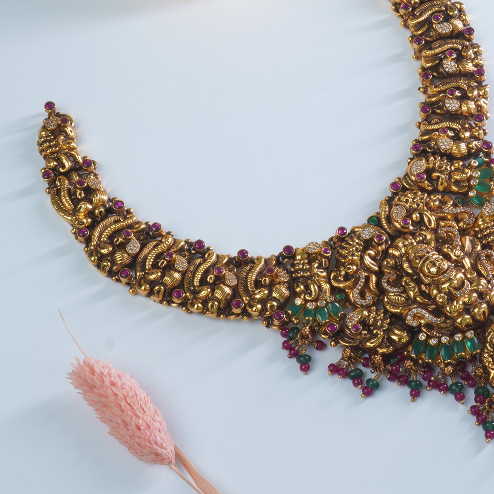 Gold plated antique temple necklace in silver kundan