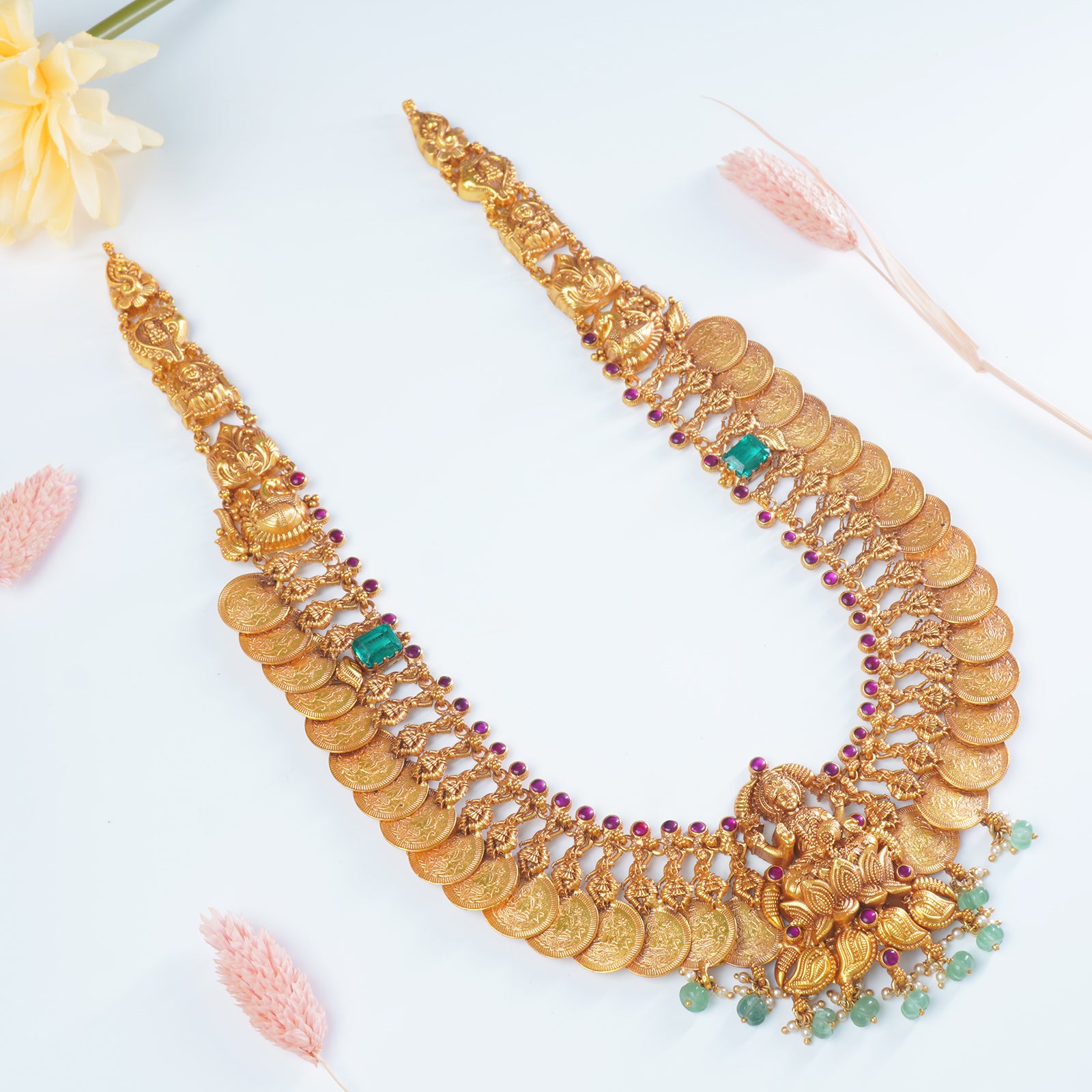 Gold plated long kasu haram silver Lakshmi pendant