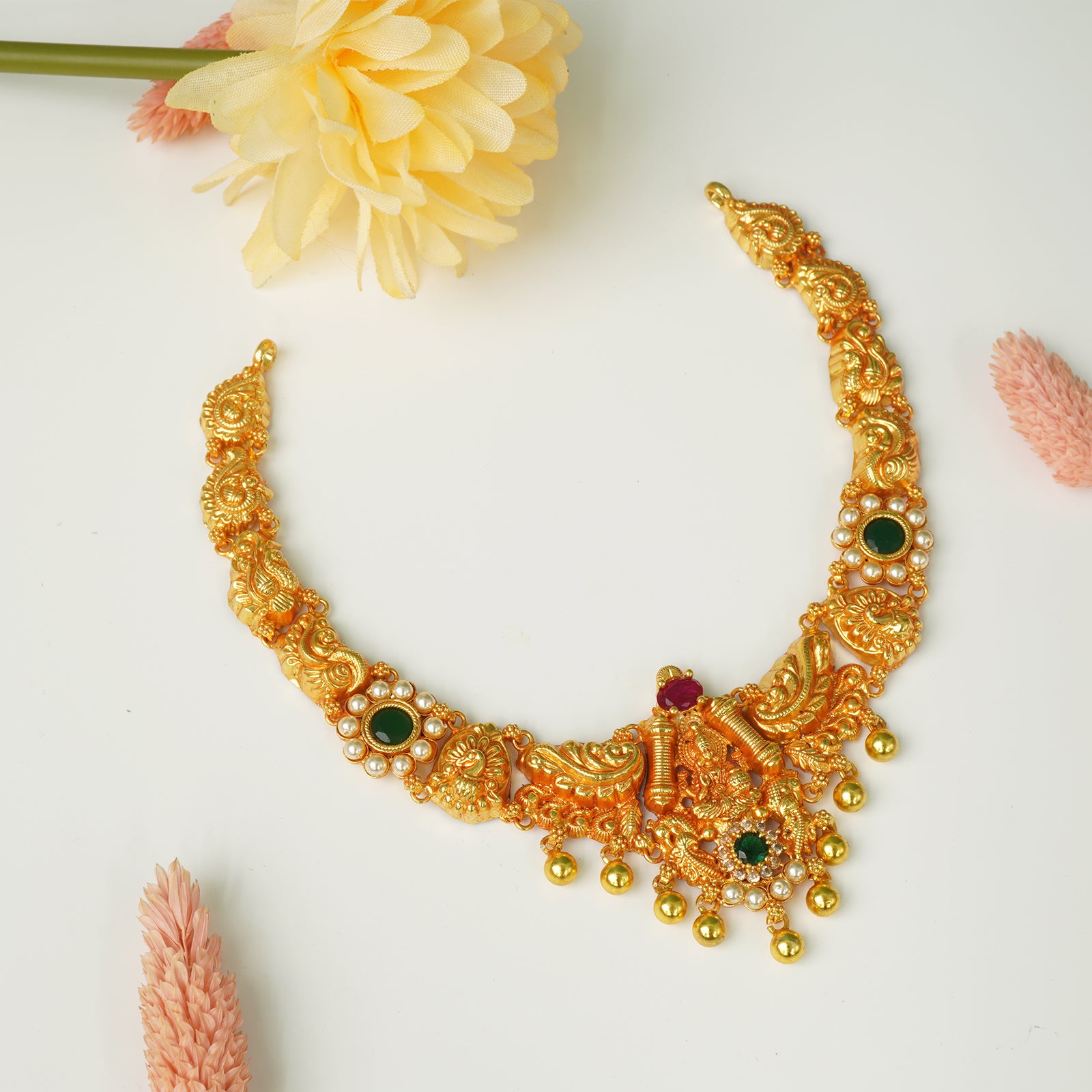 Gold plated pure silver temple choker necklace