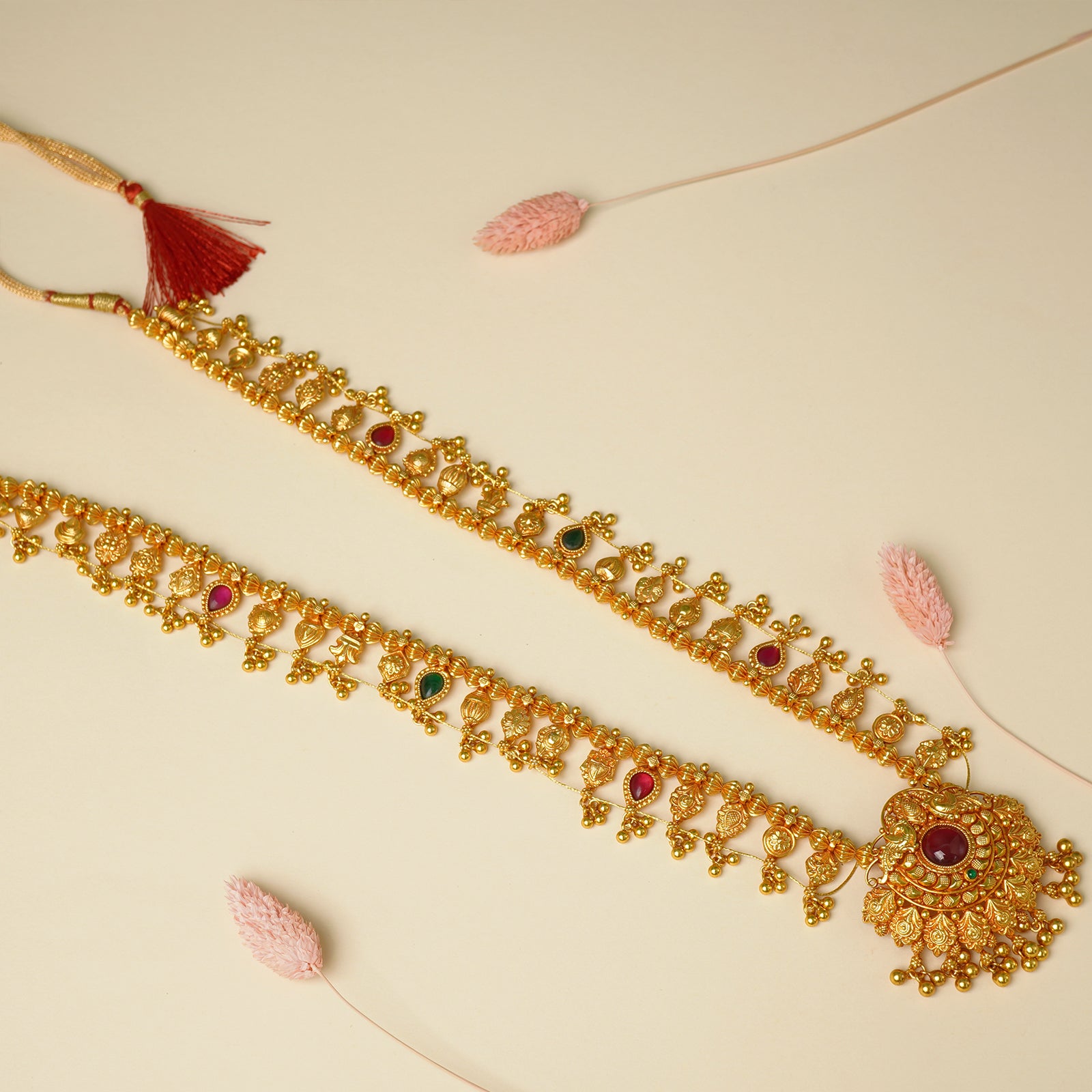 Gold plated silver Kolhapuri saaj necklace in 925 silver