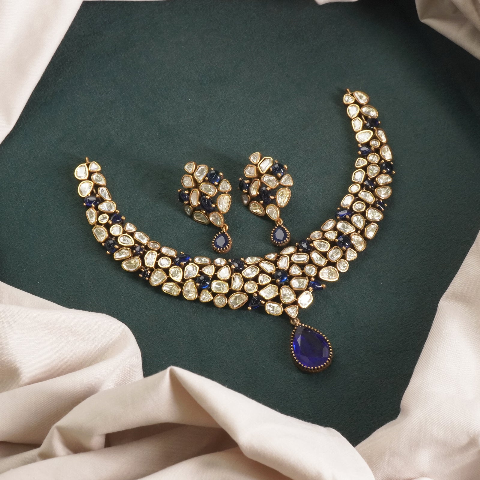 Gold plated silver moissanite polki necklace