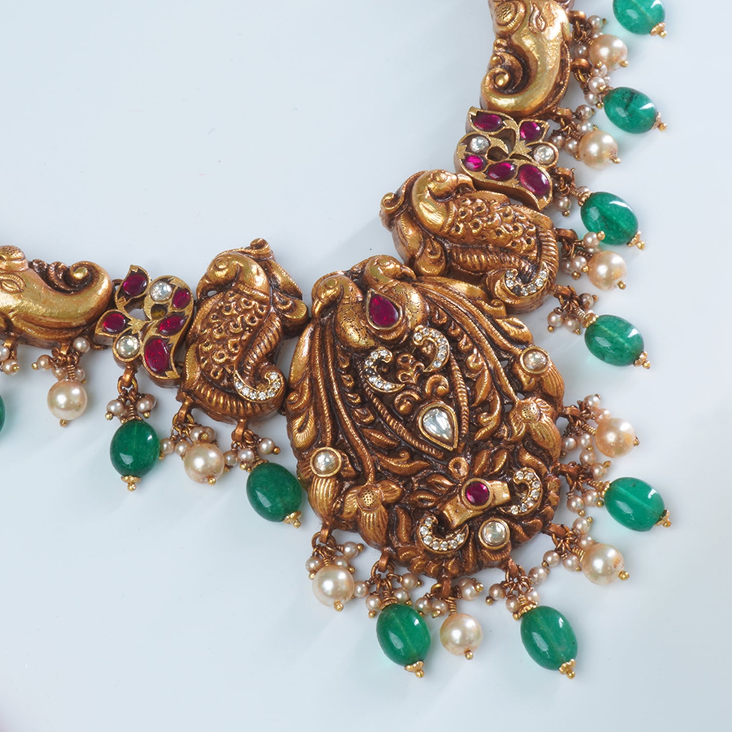 Gold plated silver temple necklace elephant peacock detail