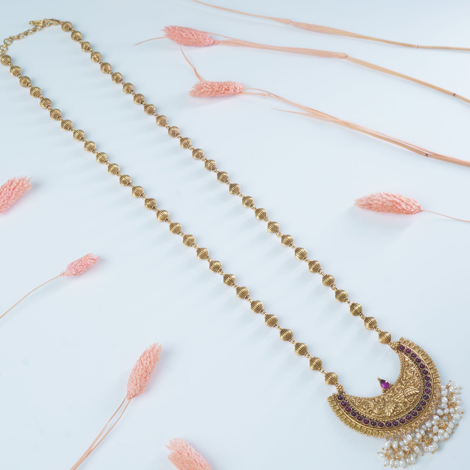 Gold plated long silver chain necklace with peacock pendant