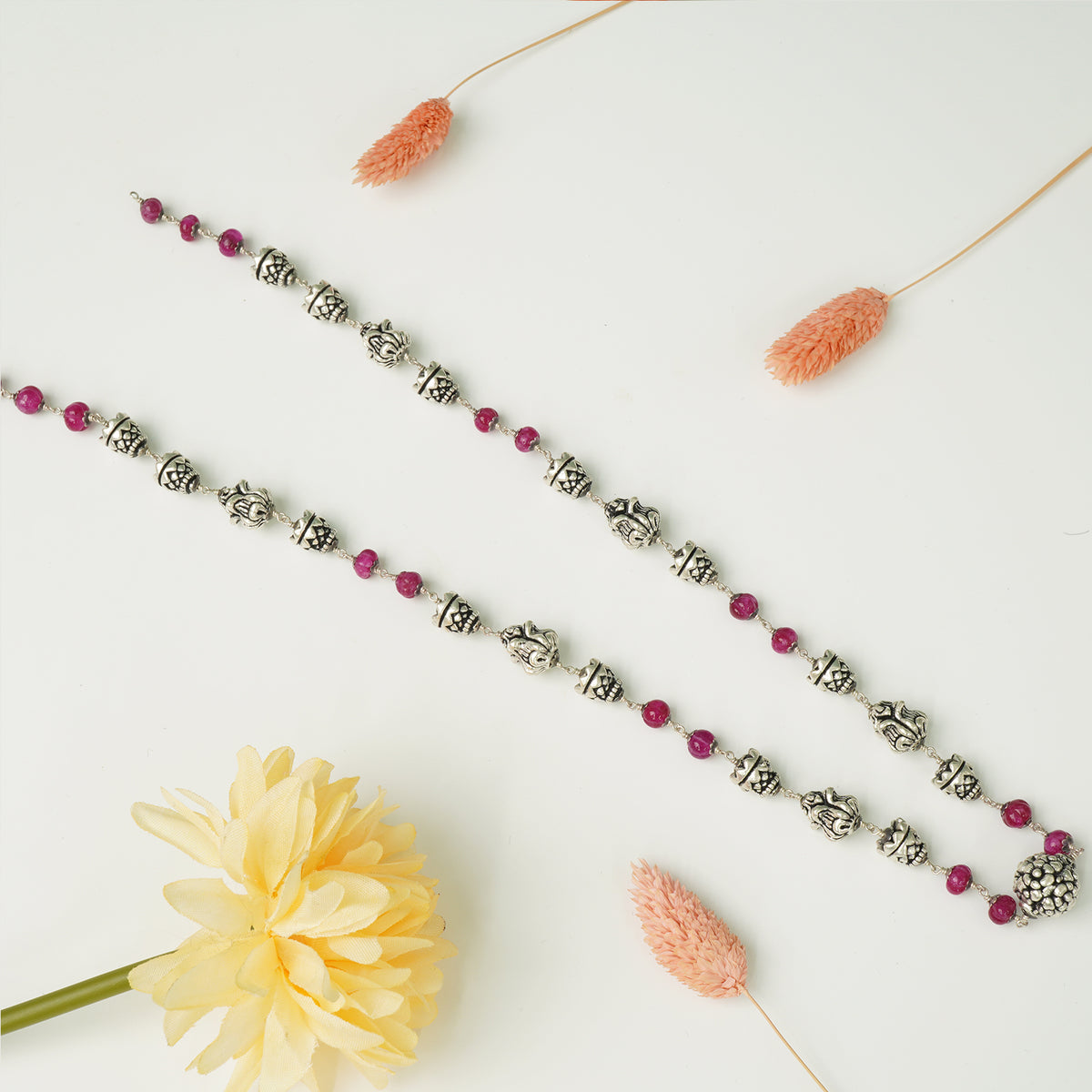 Long silver beads mala necklace