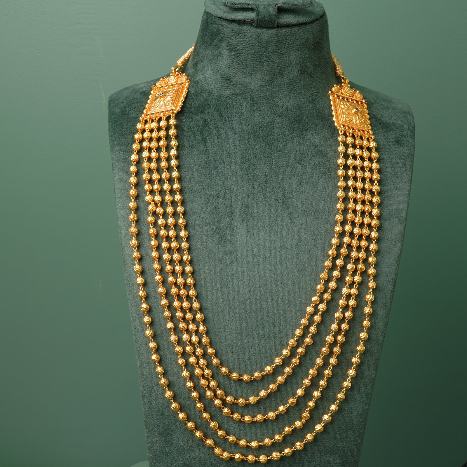 Long silver necklace gold plated 5 layer design