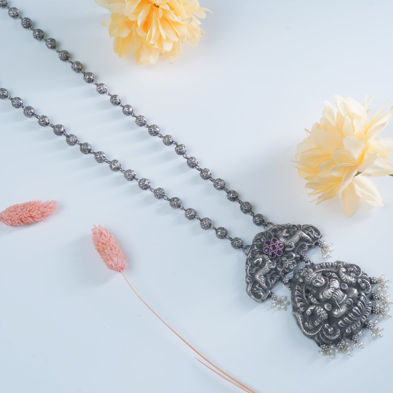 Long temple pure 925 silver necklace antique design