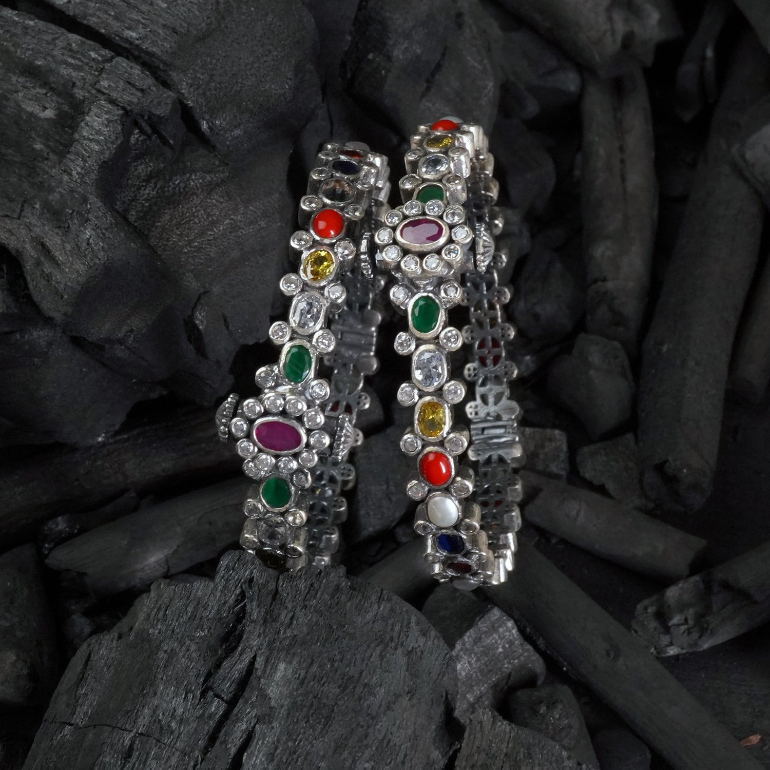 Navratna gemstone silver bangle craftsmanship