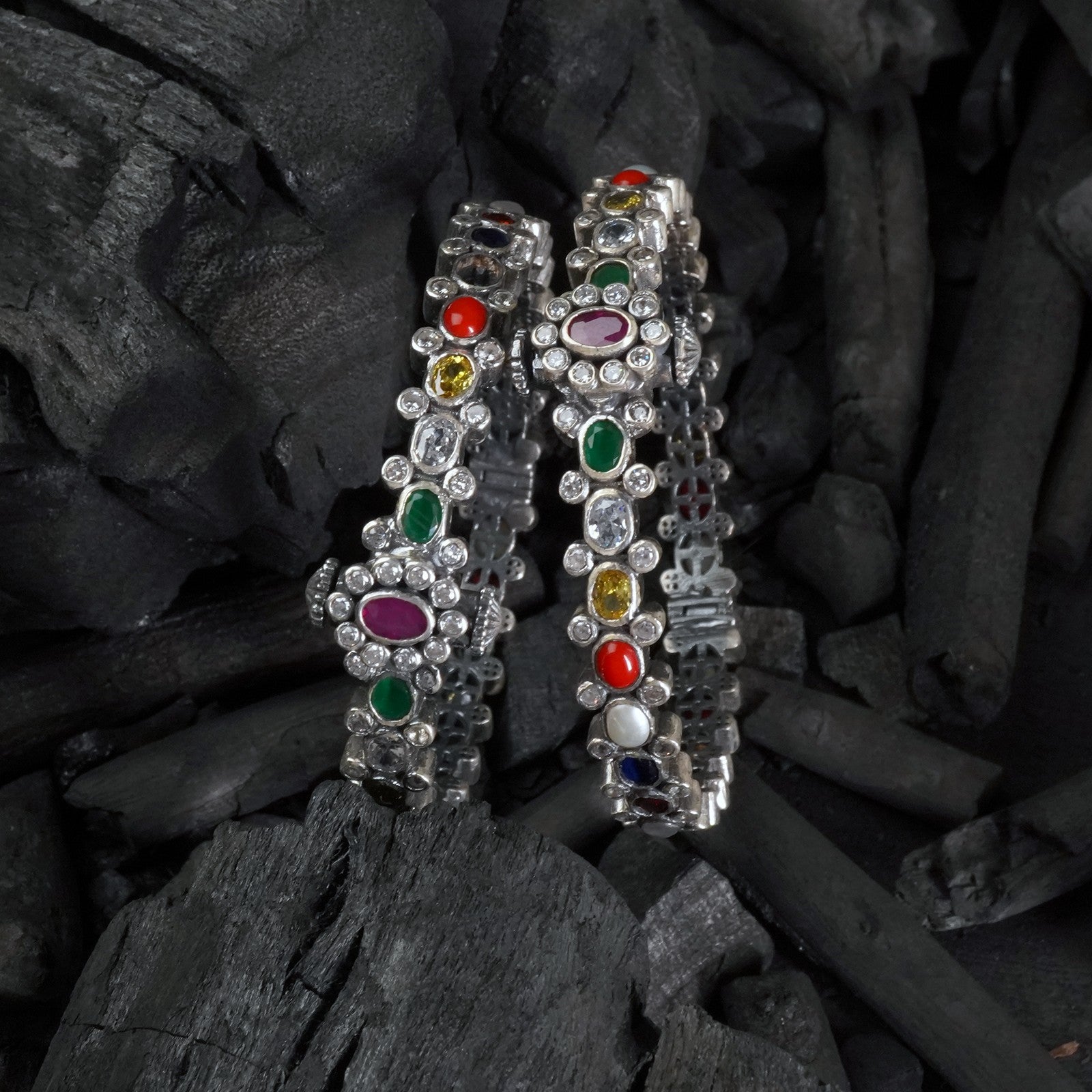 Navratna gemstone silver bangle craftsmanship
