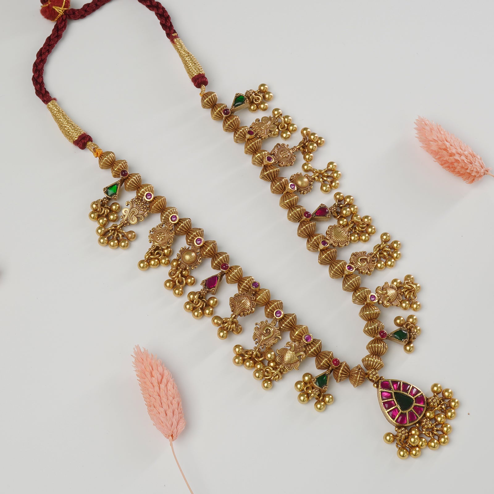 Pure 925 silver antique gold plated Kolhapuri Saaj with Javmani beads
