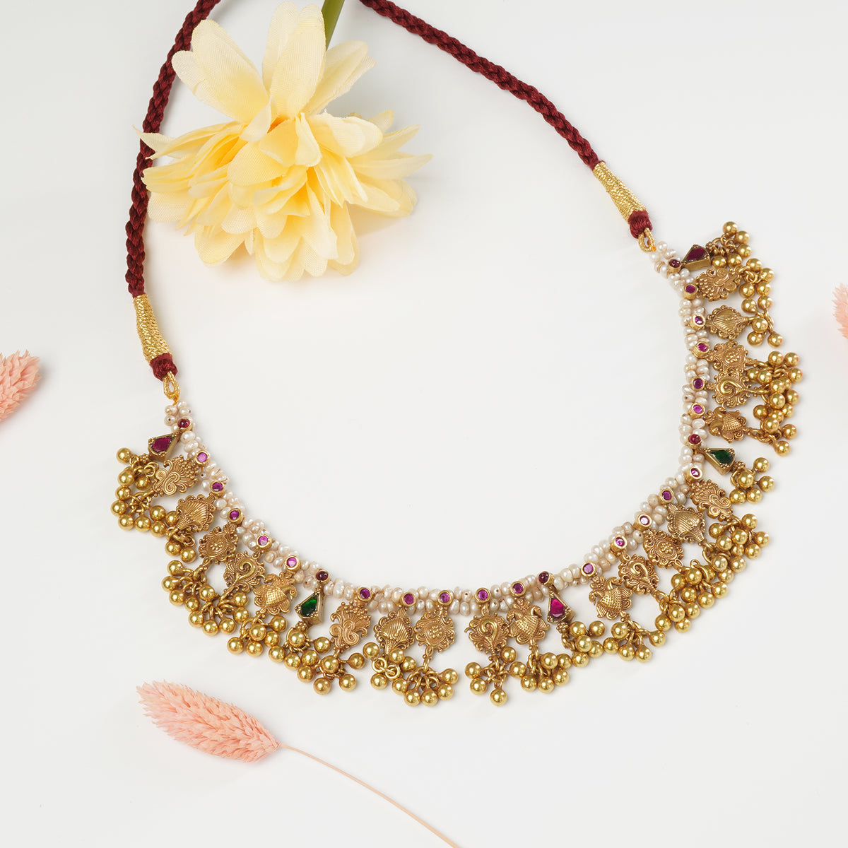 Pure 925 silver antique gold plated Kolhapuri Saaj with two layers of freshwater pearls
