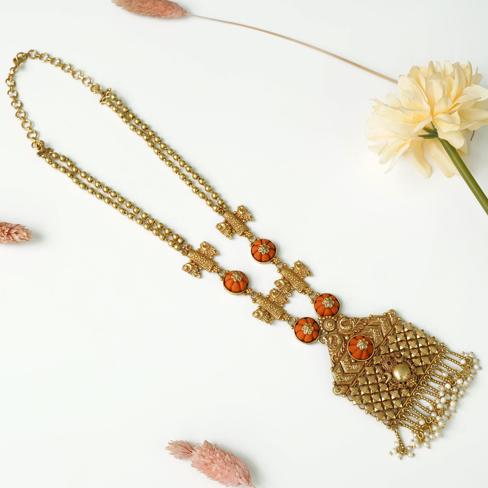 Pure 925 silver antique gold plated coral necklace
