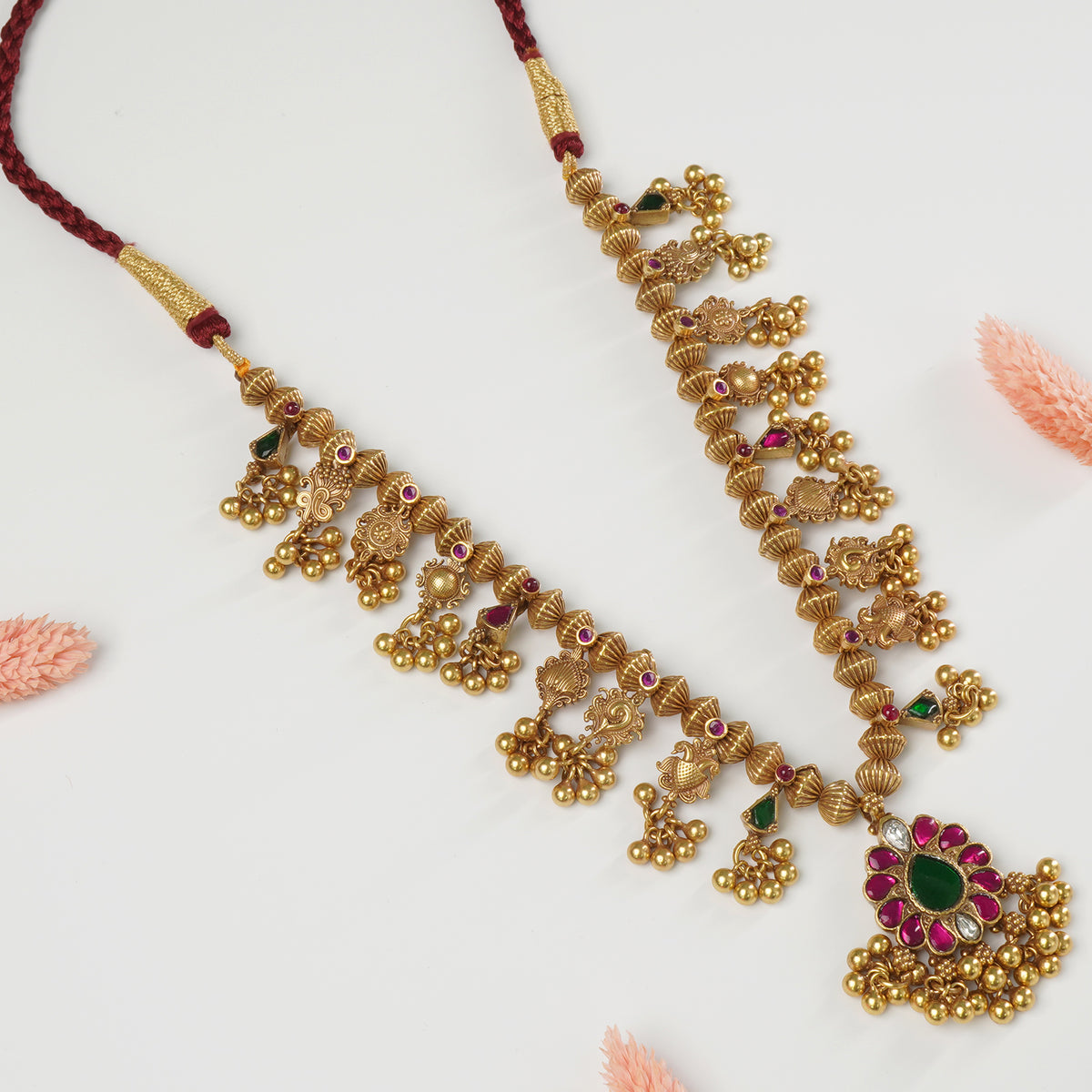 Pure 925 silver gold-plated Kolhapuri Saaj necklace with antique finish and Javmani beads