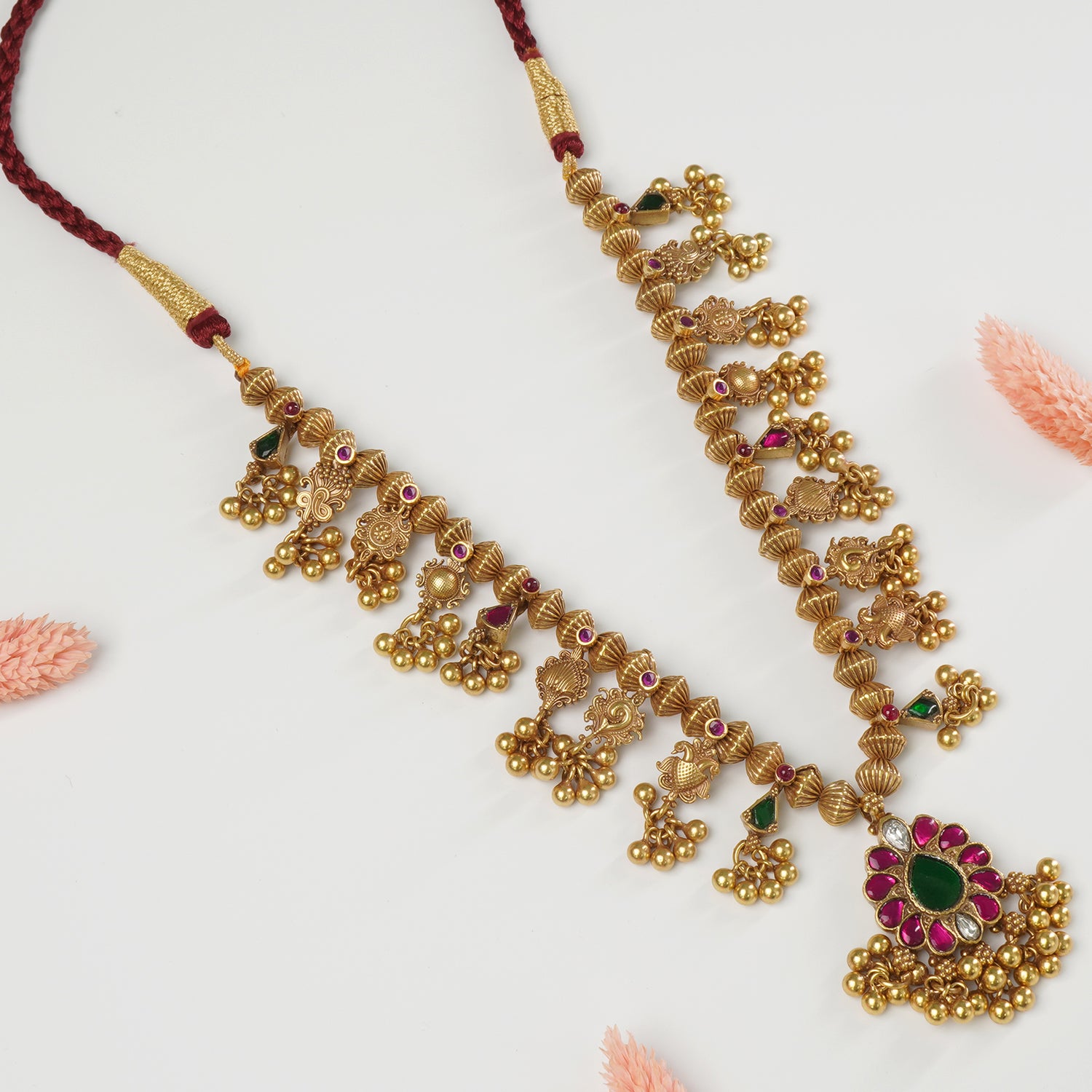 Pure 925 silver gold-plated Kolhapuri Saaj necklace with antique finish and Javmani beads
