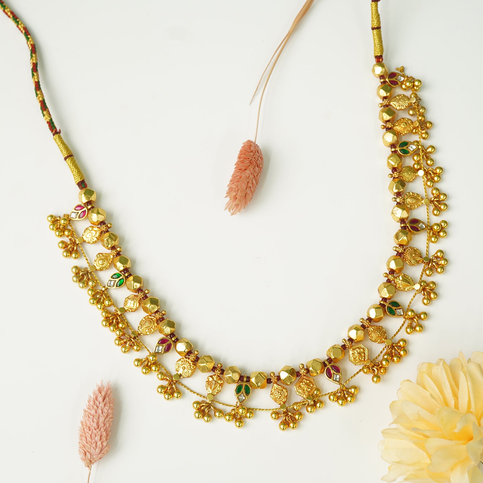 Pure 925 silver gold plated Kundan Kolhapuri Saaj with Kanthi Mani beads
