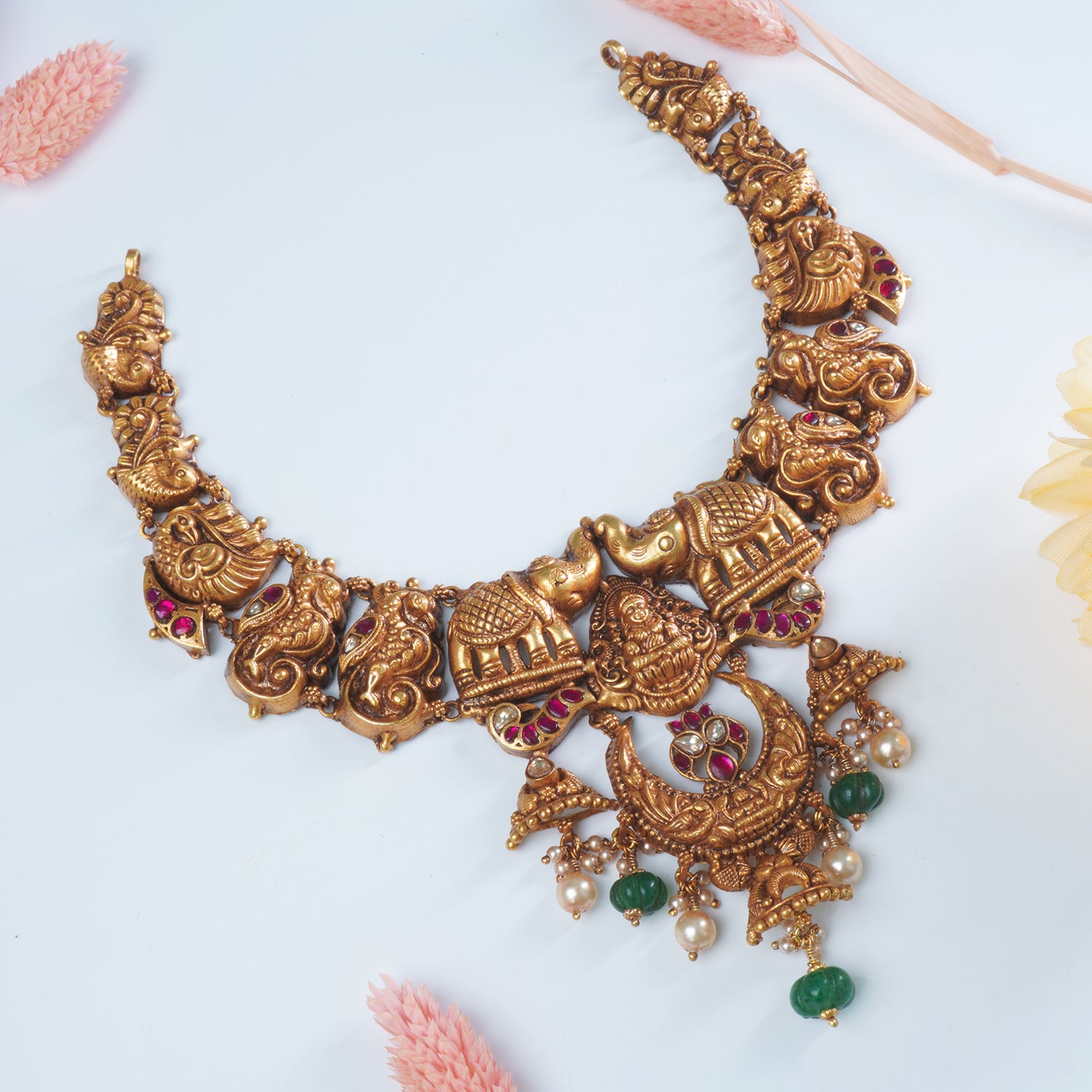 Pure 925 silver gold plated antique Nakshi necklace with Gaja Hathi imprints