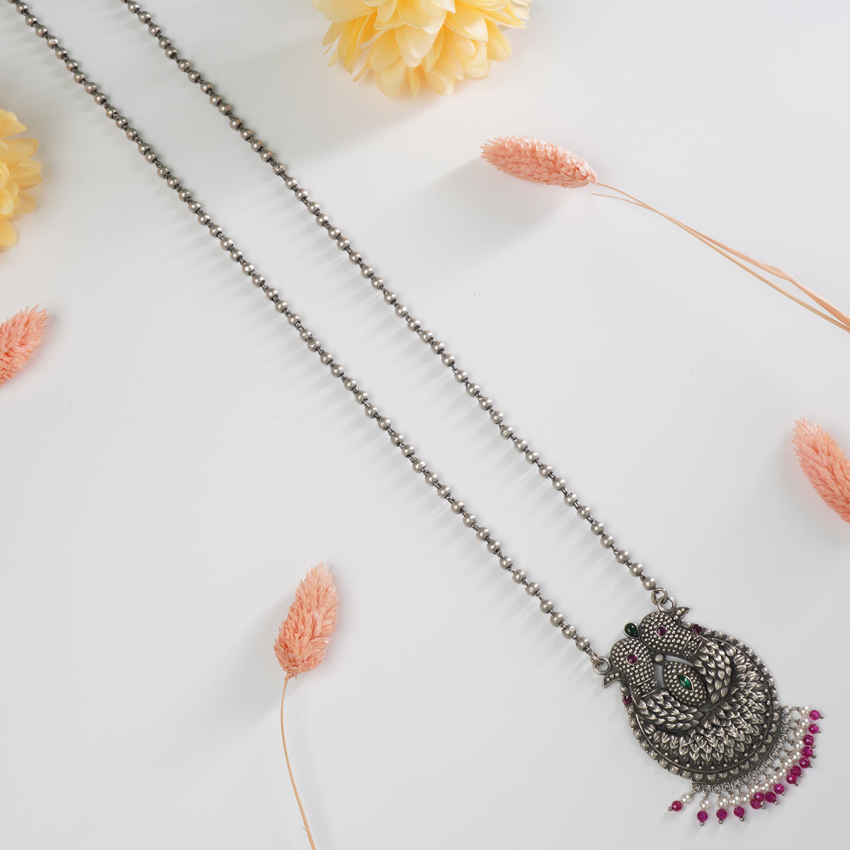 Pure 925 silver long necklace with crystal studded gold look pendant
