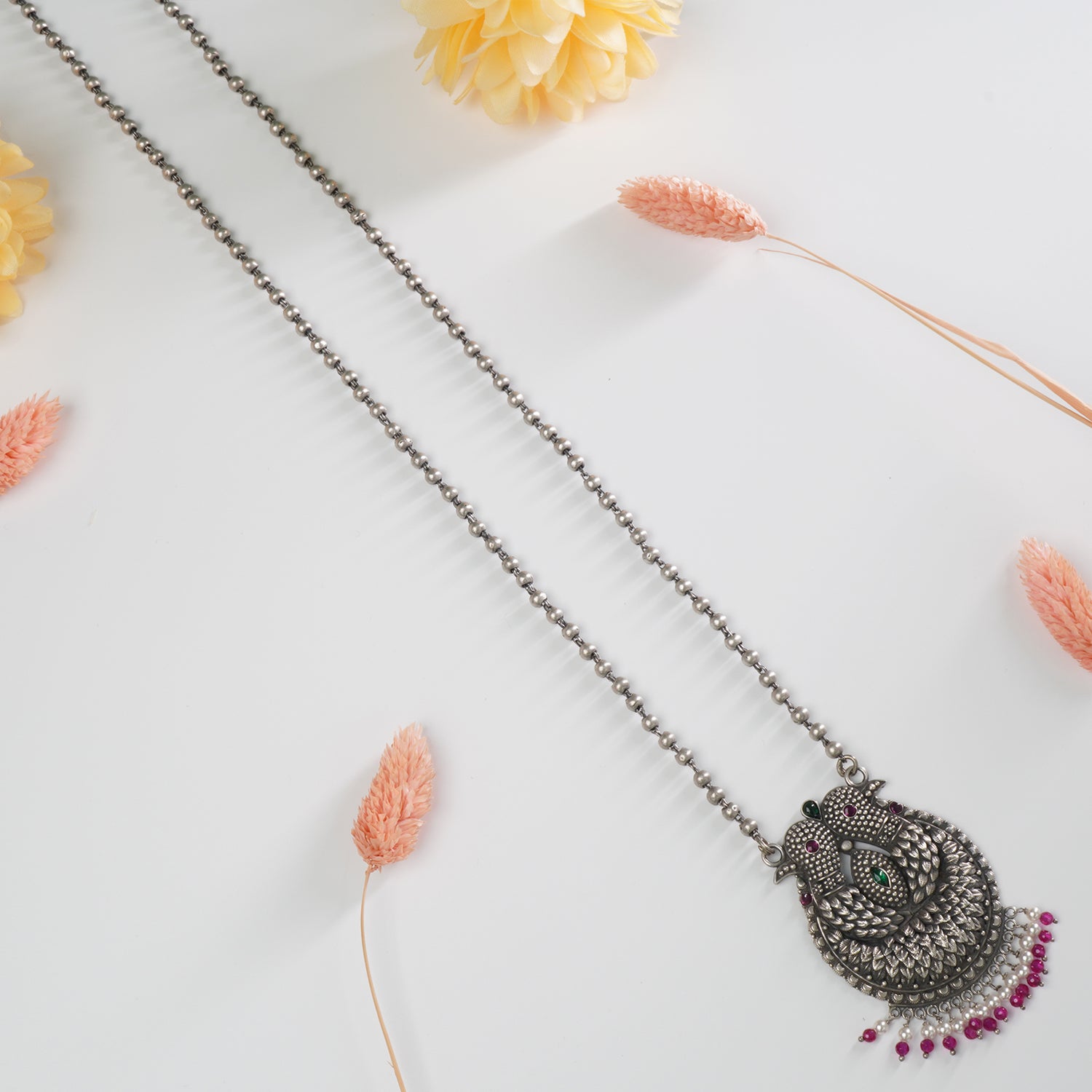 Pure 925 silver long necklace with crystal studded gold look pendant