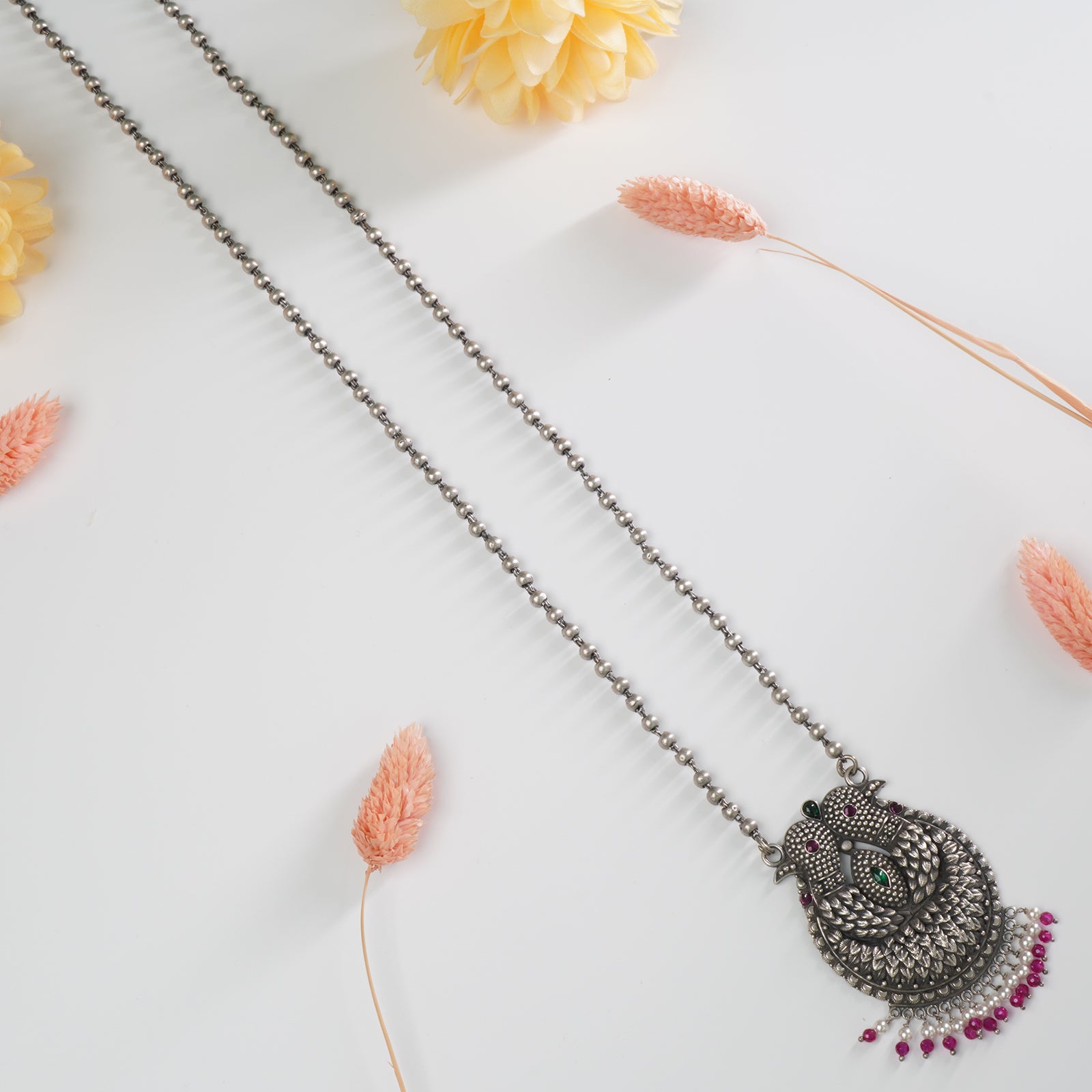Pure 925 silver long necklace with crystal studded gold look pendant