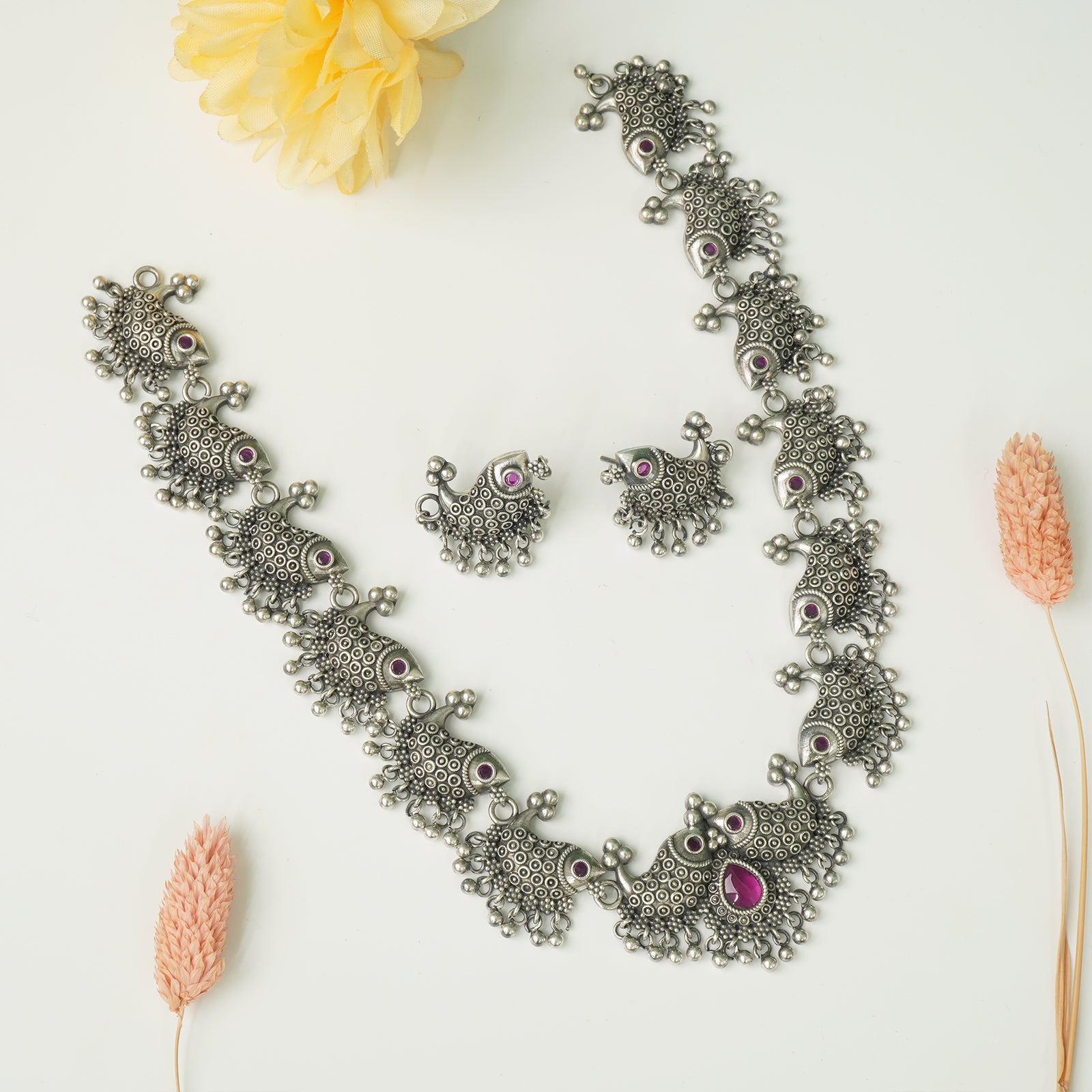 Pure silver unique fish necklace with matching earrings