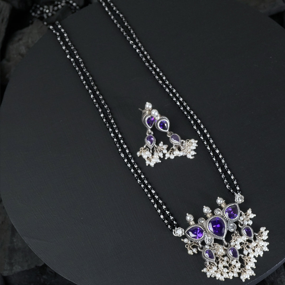Silver chain Mangalsutra with Amethyst Tanmani pendant and earrings