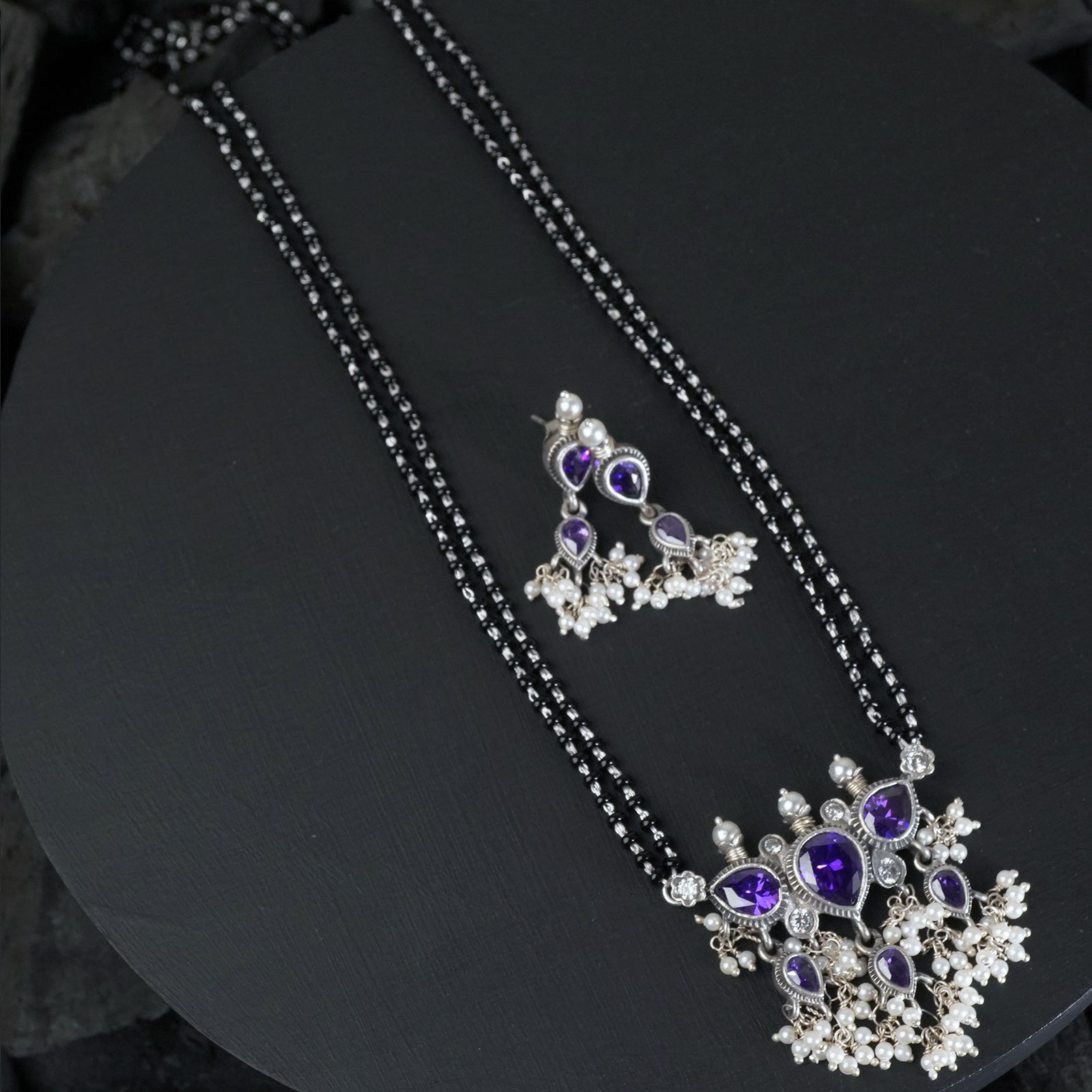 Silver chain Mangalsutra with Amethyst Tanmani pendant and earrings