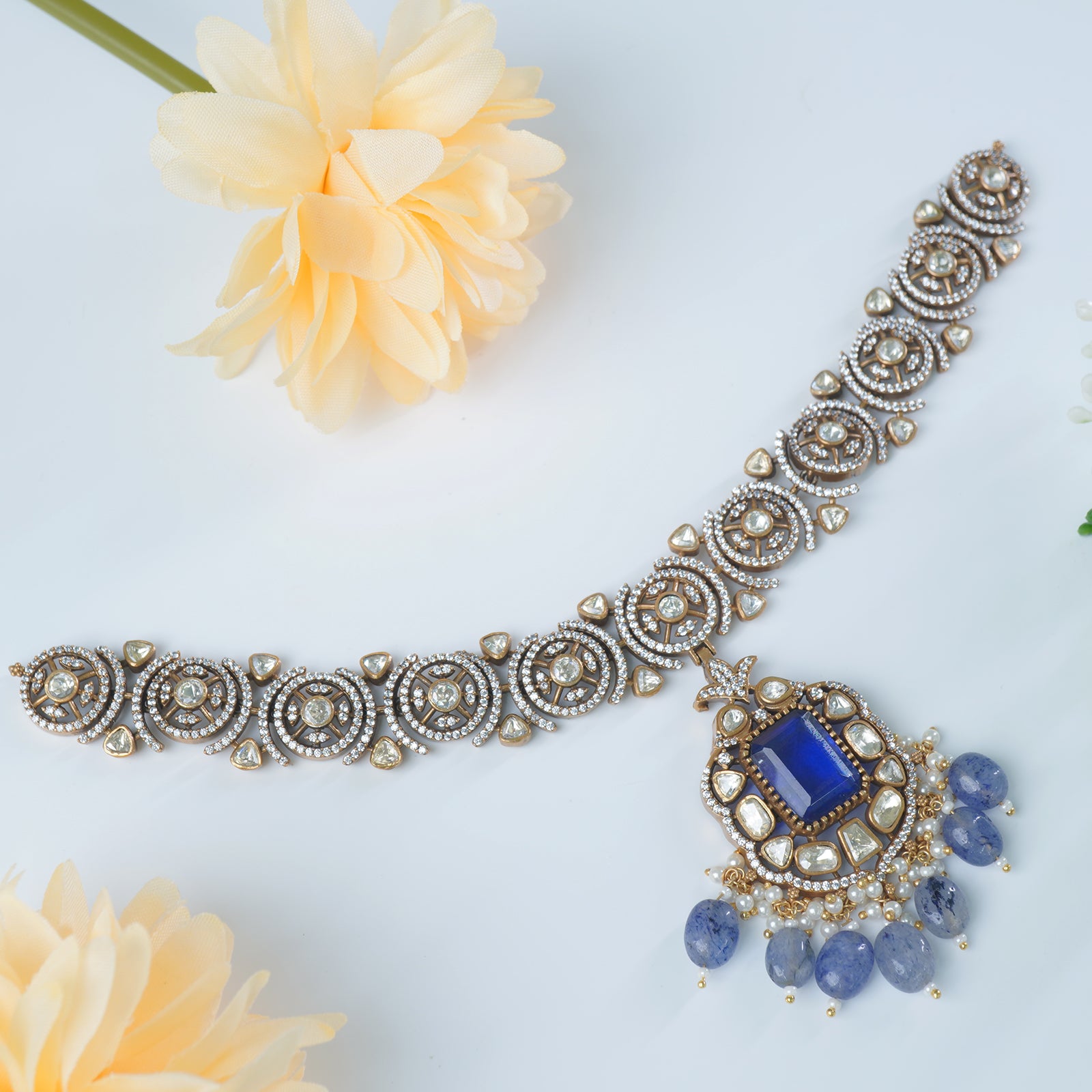 Silver moissanite necklace blue stone