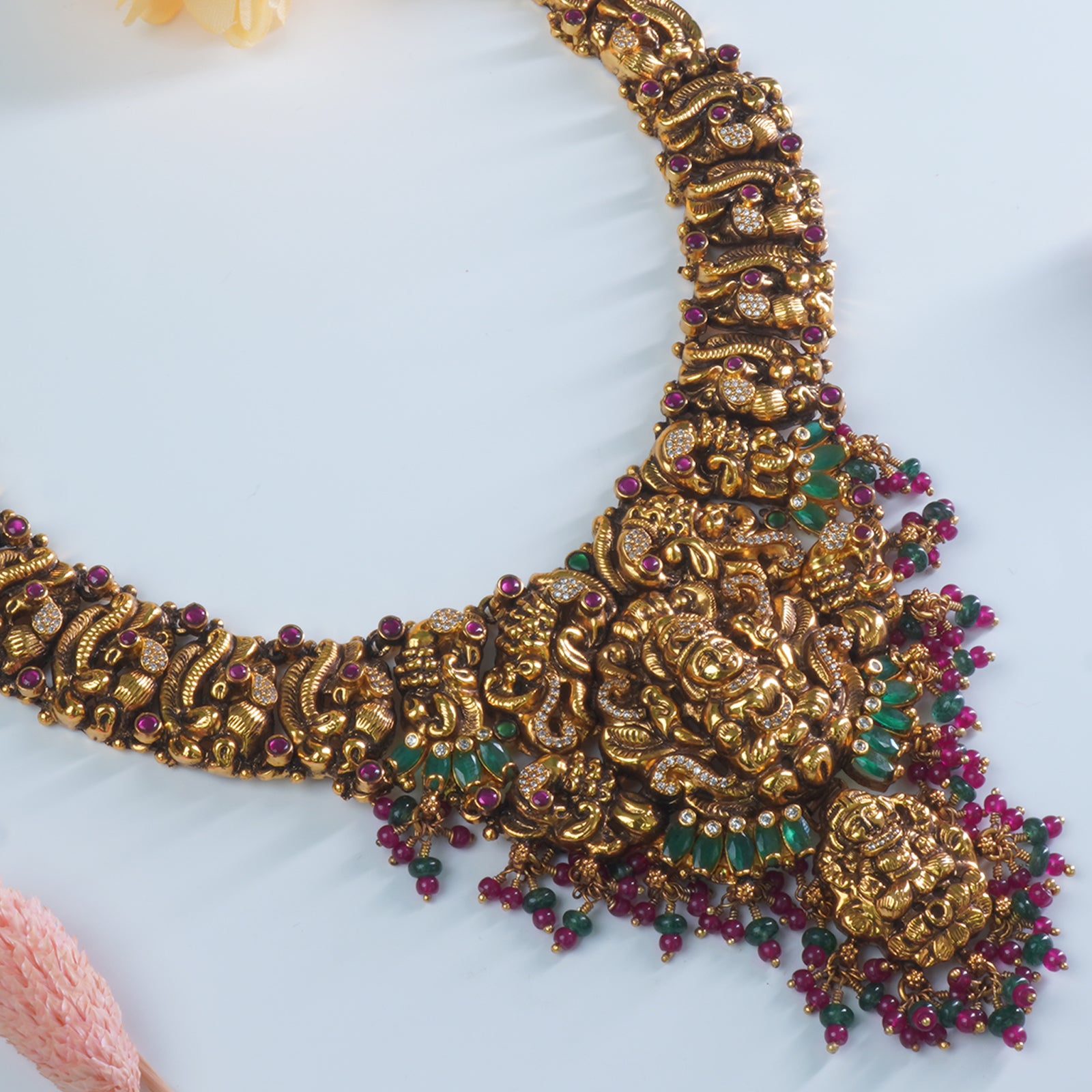 Silver temple necklace with antique gold plating detail