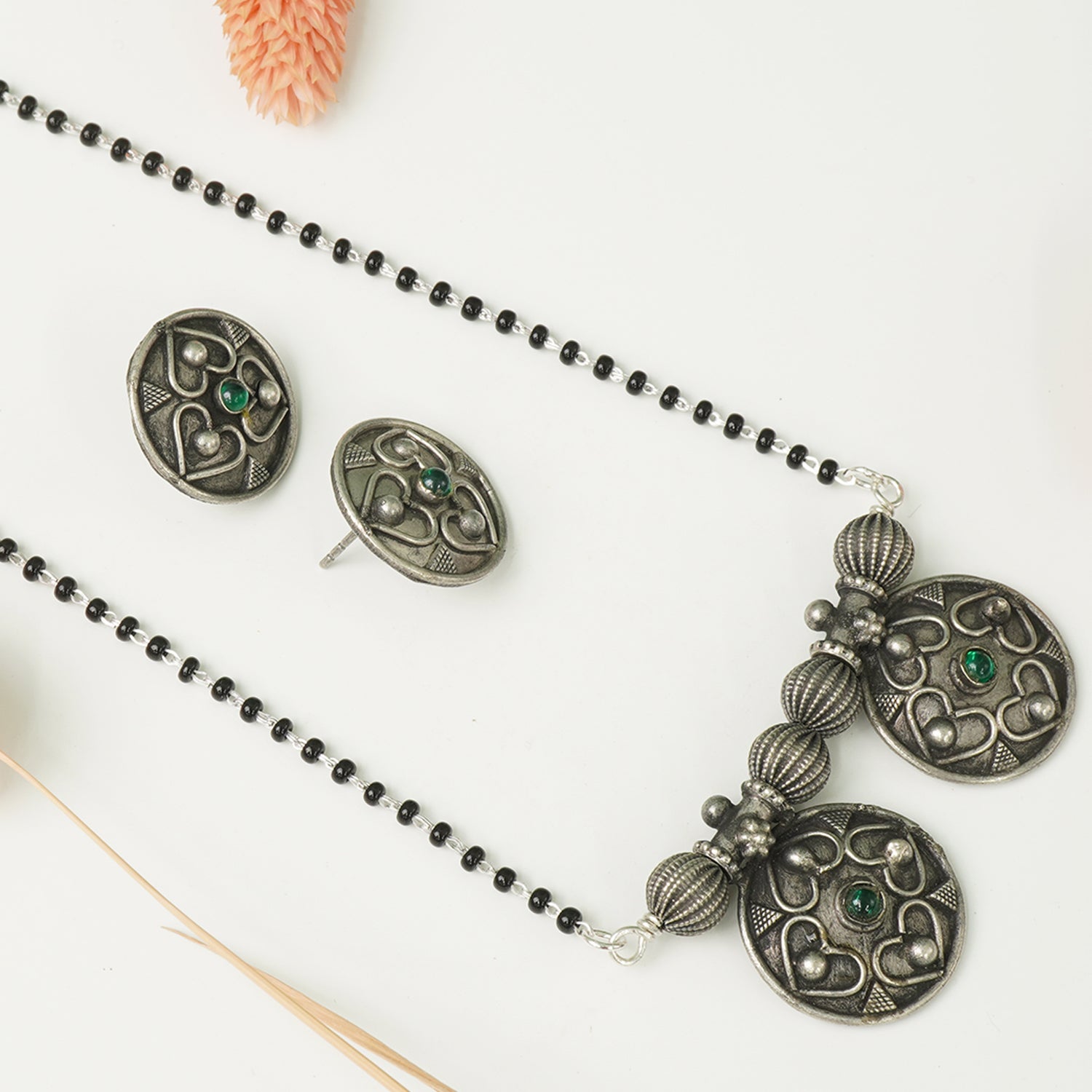 Silver tribal mangalsutra with matching earrings