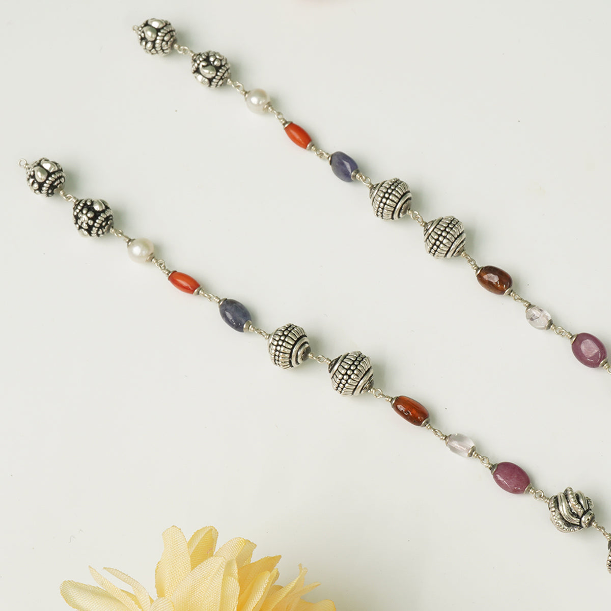 Traditional long silver beads necklace styling
