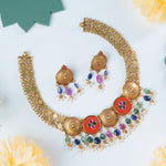 Unique temple silver necklace gold plated with coral