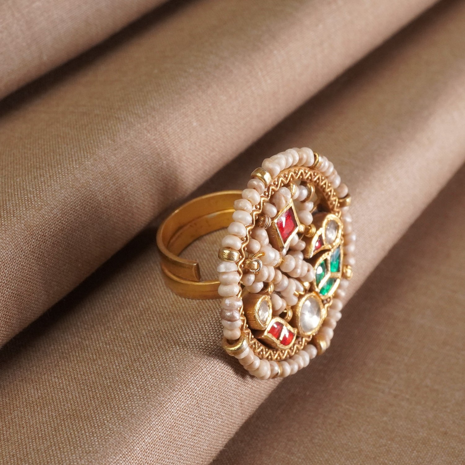 Adjustable Gold Plated Silver Jadau Kundan Peacock Ring