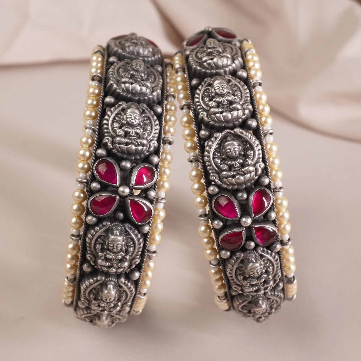 Silver Laxmi Bangles With Pearls (PAIR)