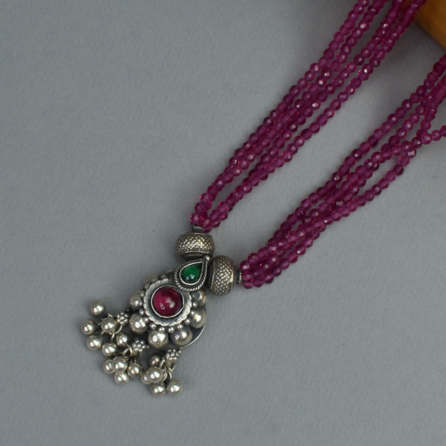 red crystal beads silver necklace