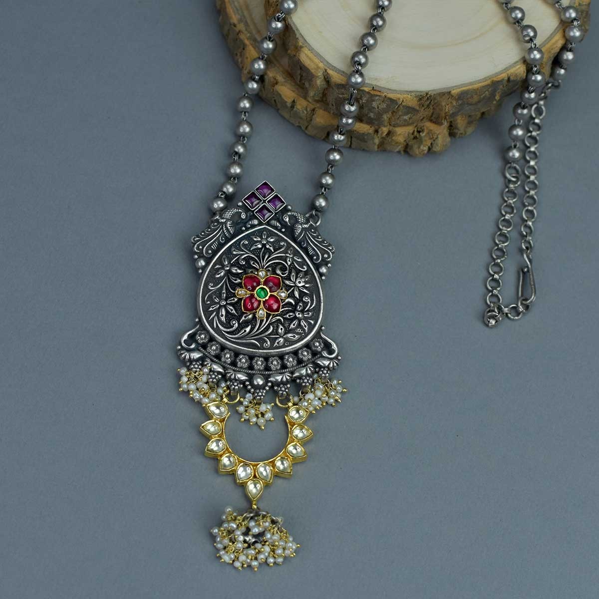 dual tone silver kundan necklace