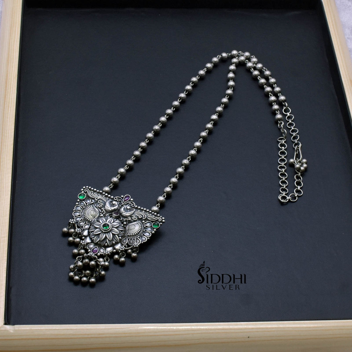 silver ball chain peacock pendant necklace.