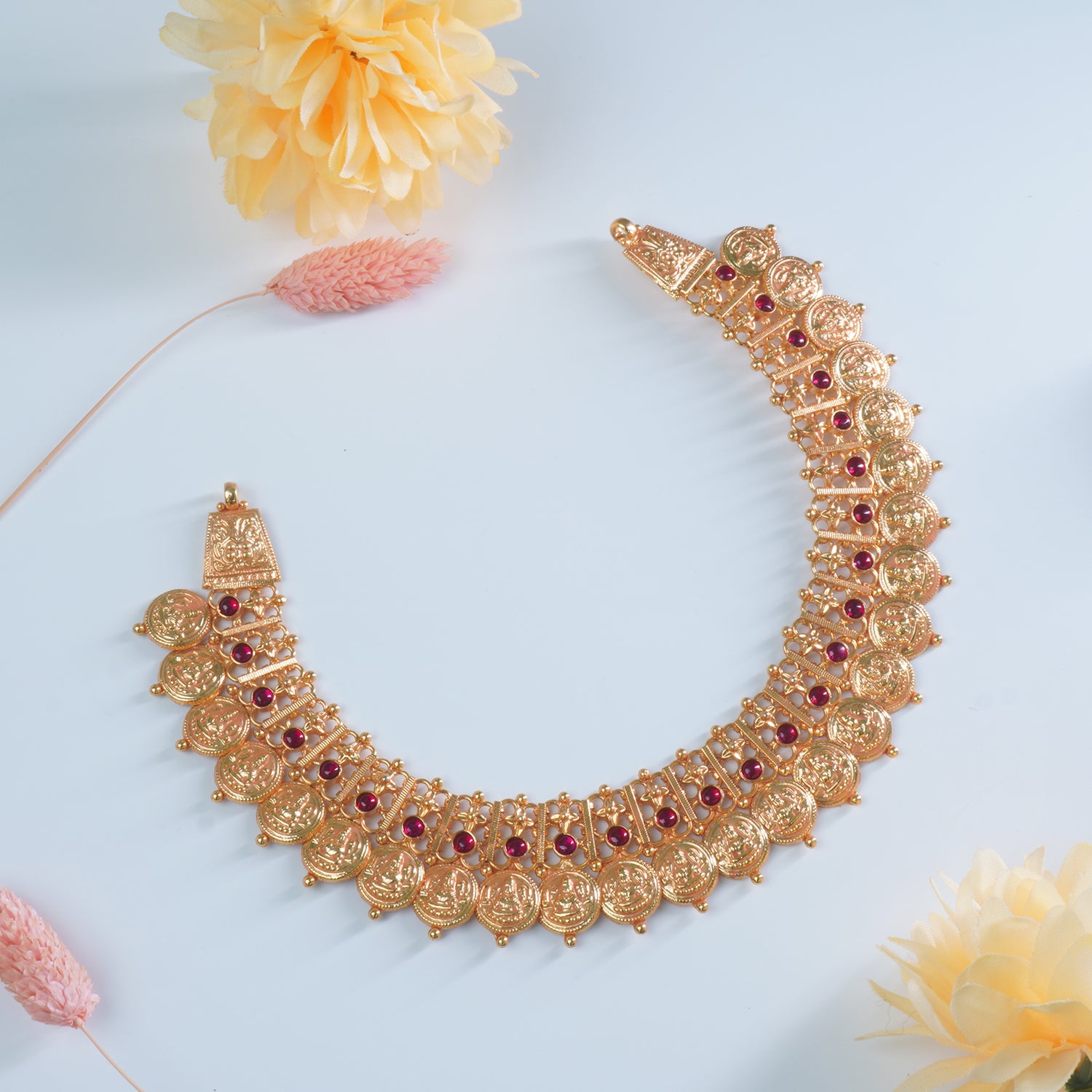 Silver Gold Plated Gheru Finish Coin Laxmi Chattai Necklace