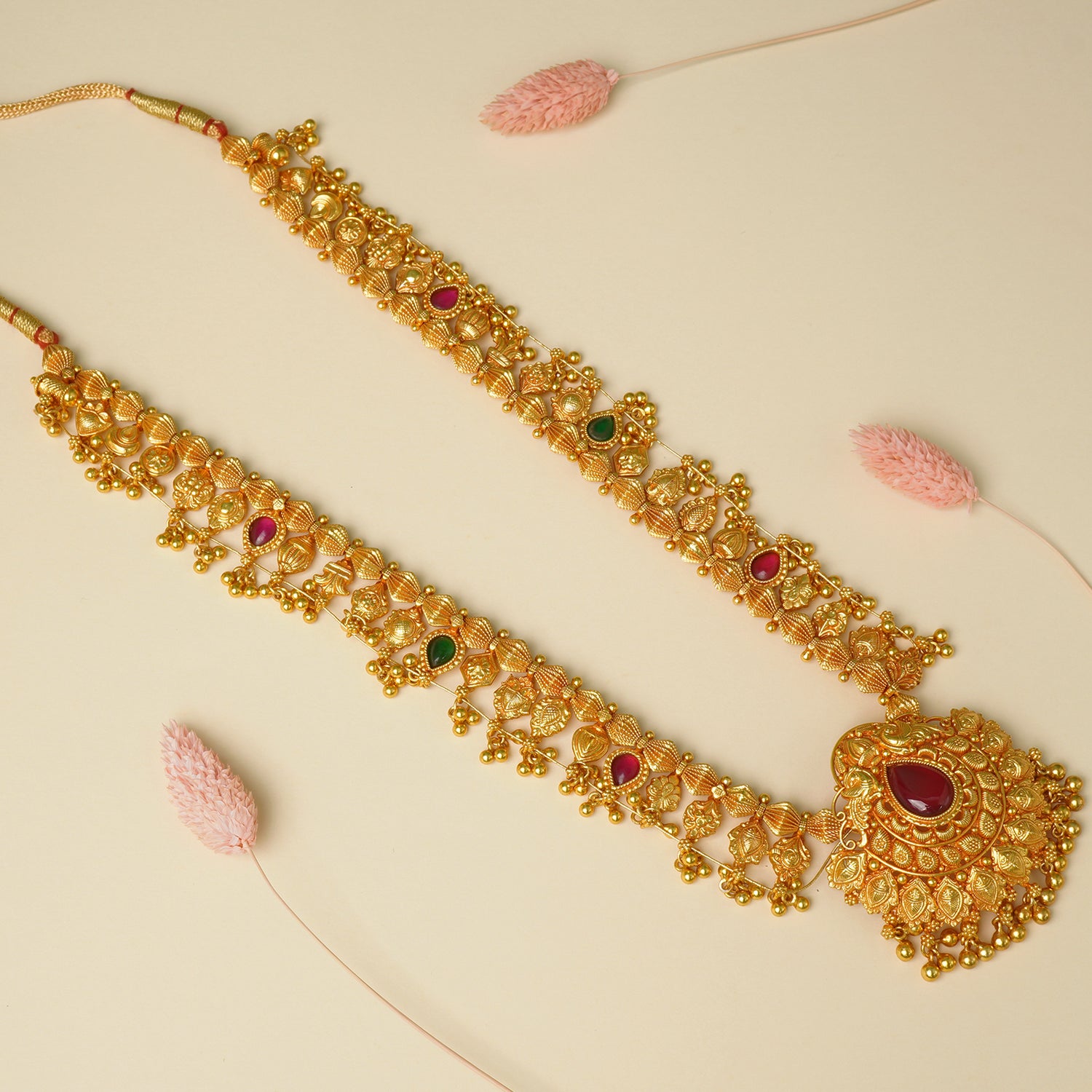 Pure 925 Silver Gold Plated Gheru Kolhapuri Saaj Necklace Design