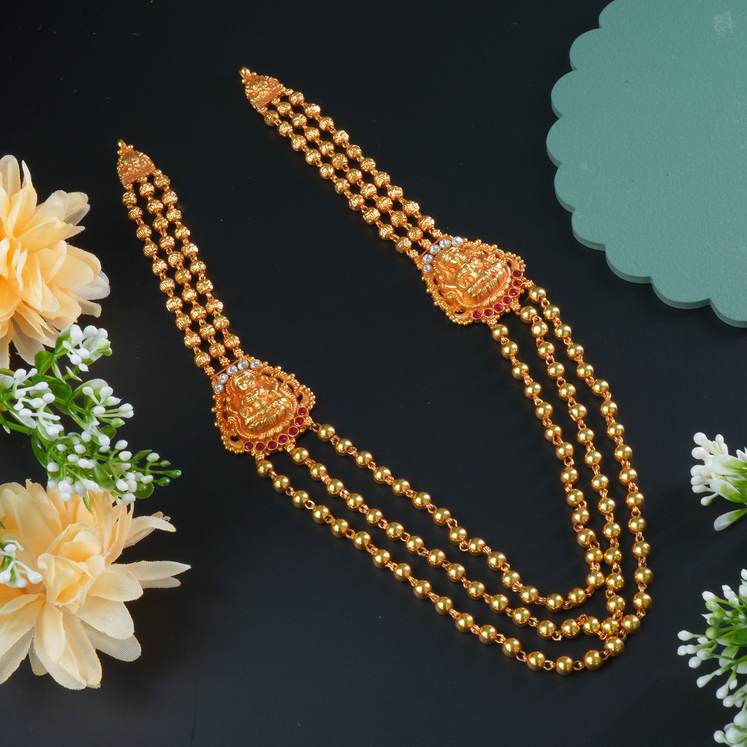Pure Silver Gheru Finish Gold Plated 3 Layer Laxmi Long Necklace Design